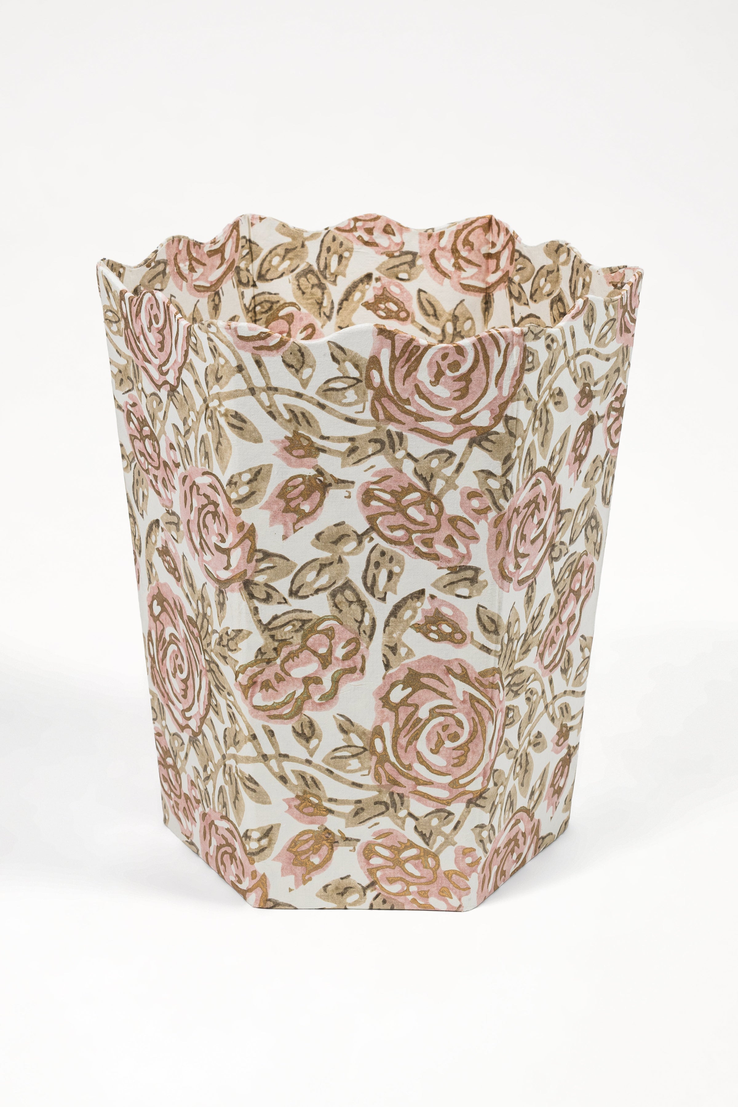 Blockprint Scallop Waste Bin / Storage Bin in Rose Garden
