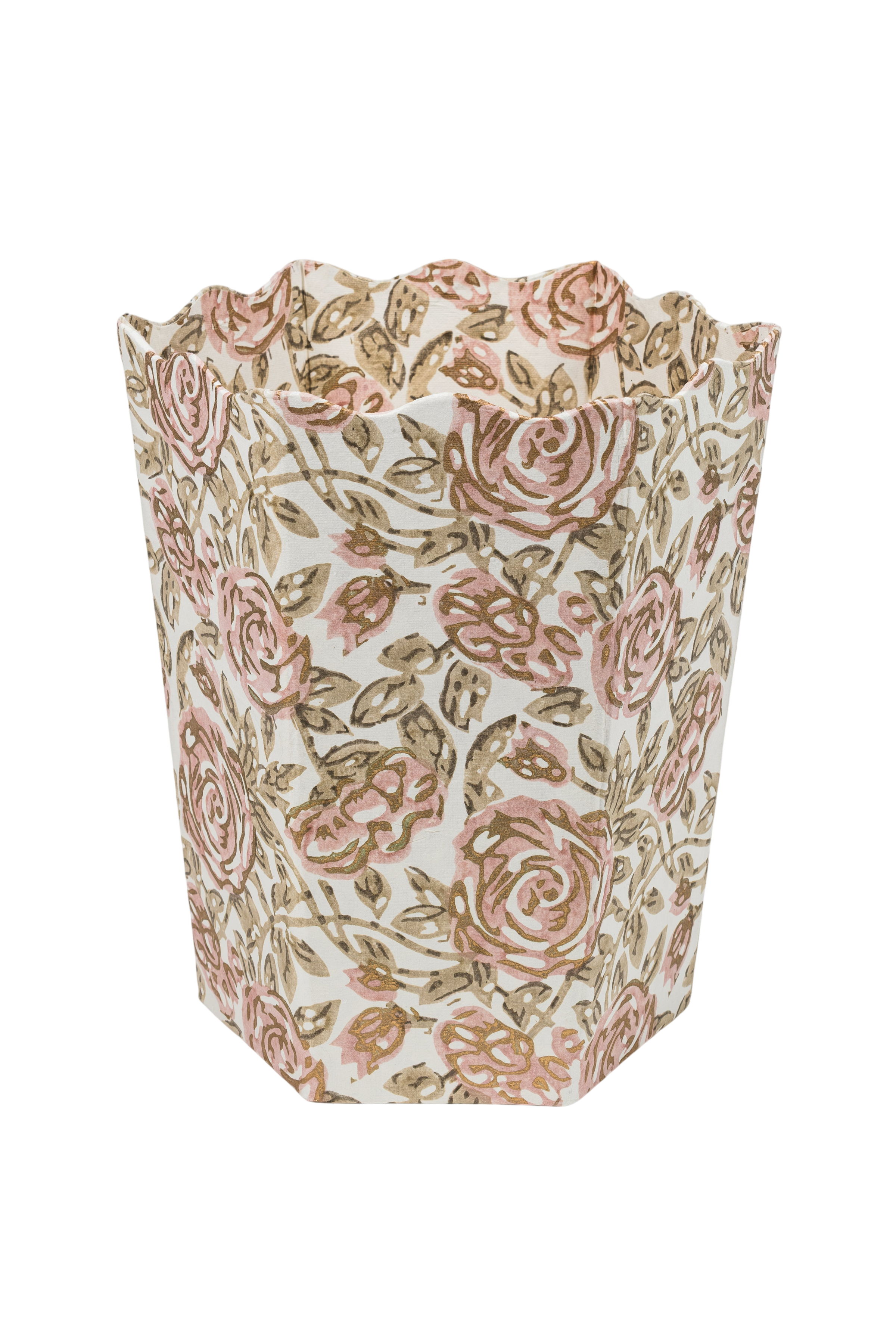 Blockprint Scallop Waste Bin / Storage Bin in Rose Garden