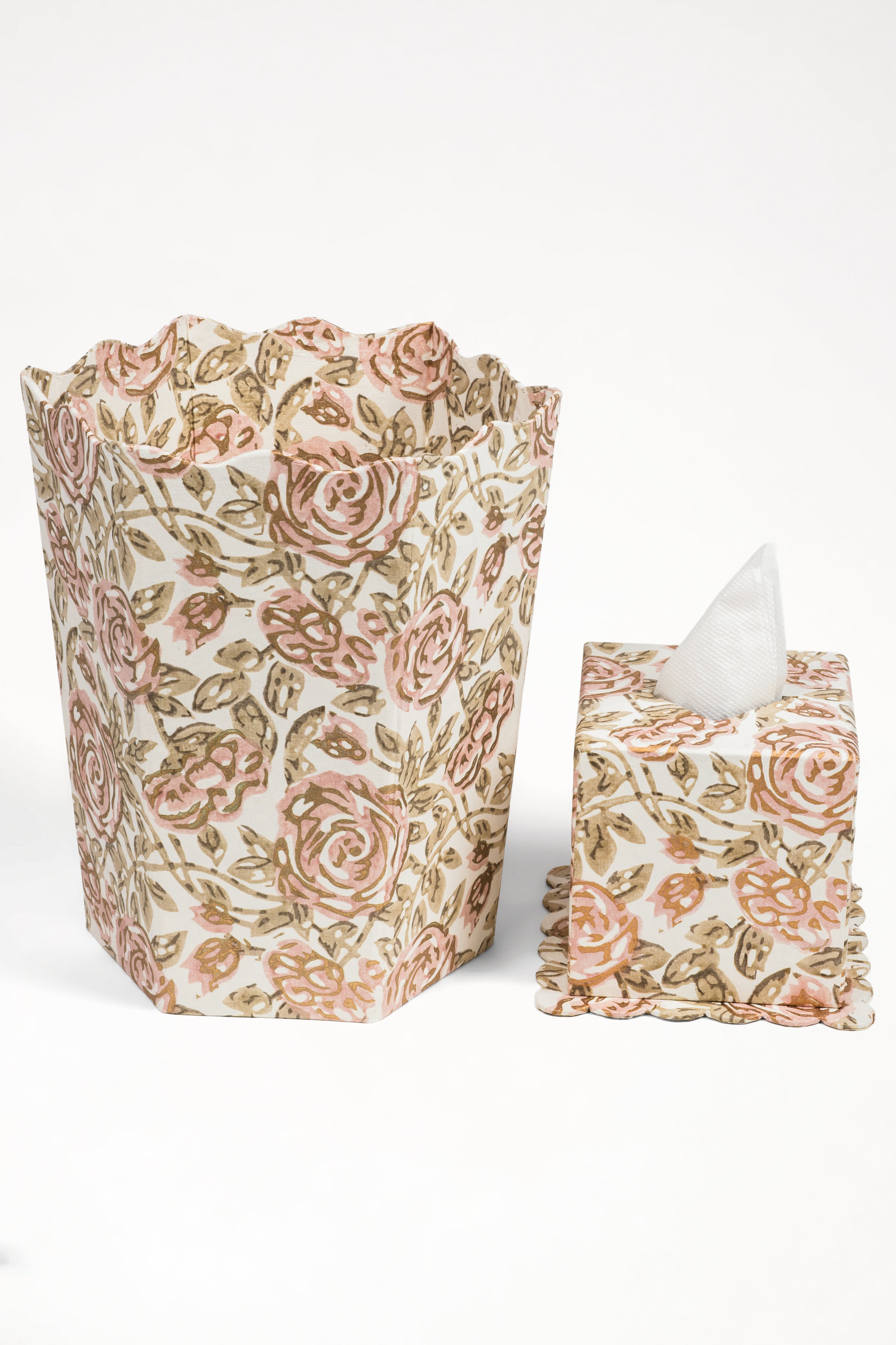Blockprint Scallop Waste Bin / Storage Bin in Rose Garden