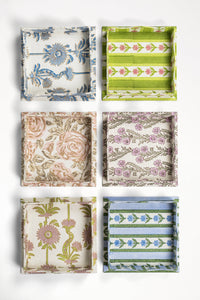 Nesting Scalloped Floral Vines Blockprint Trays in Blue
