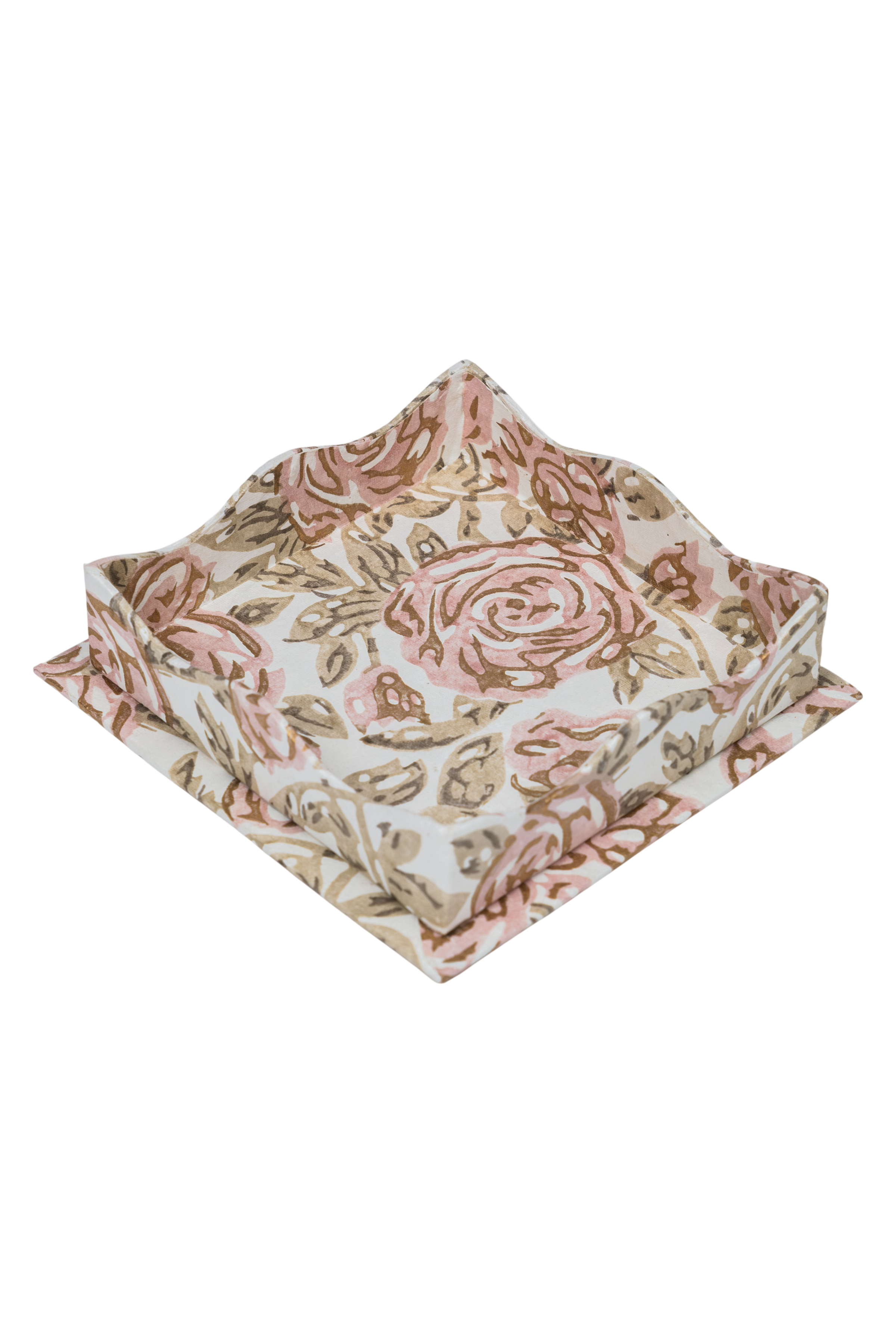 Nesting Scalloped Blockprint Trays in Rose Garden