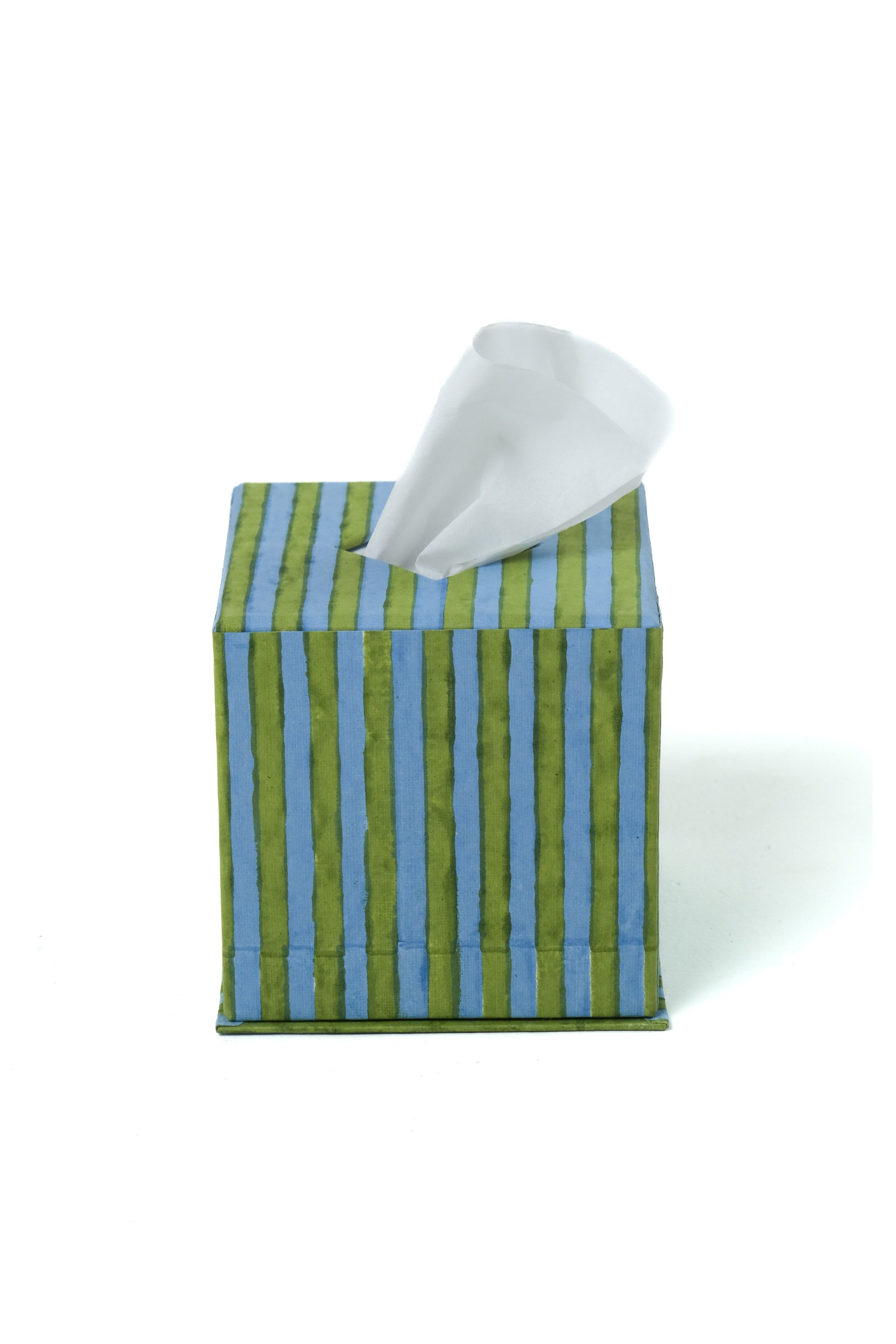 Blockprint Tissue Box Cover in Green and Blue Stripes