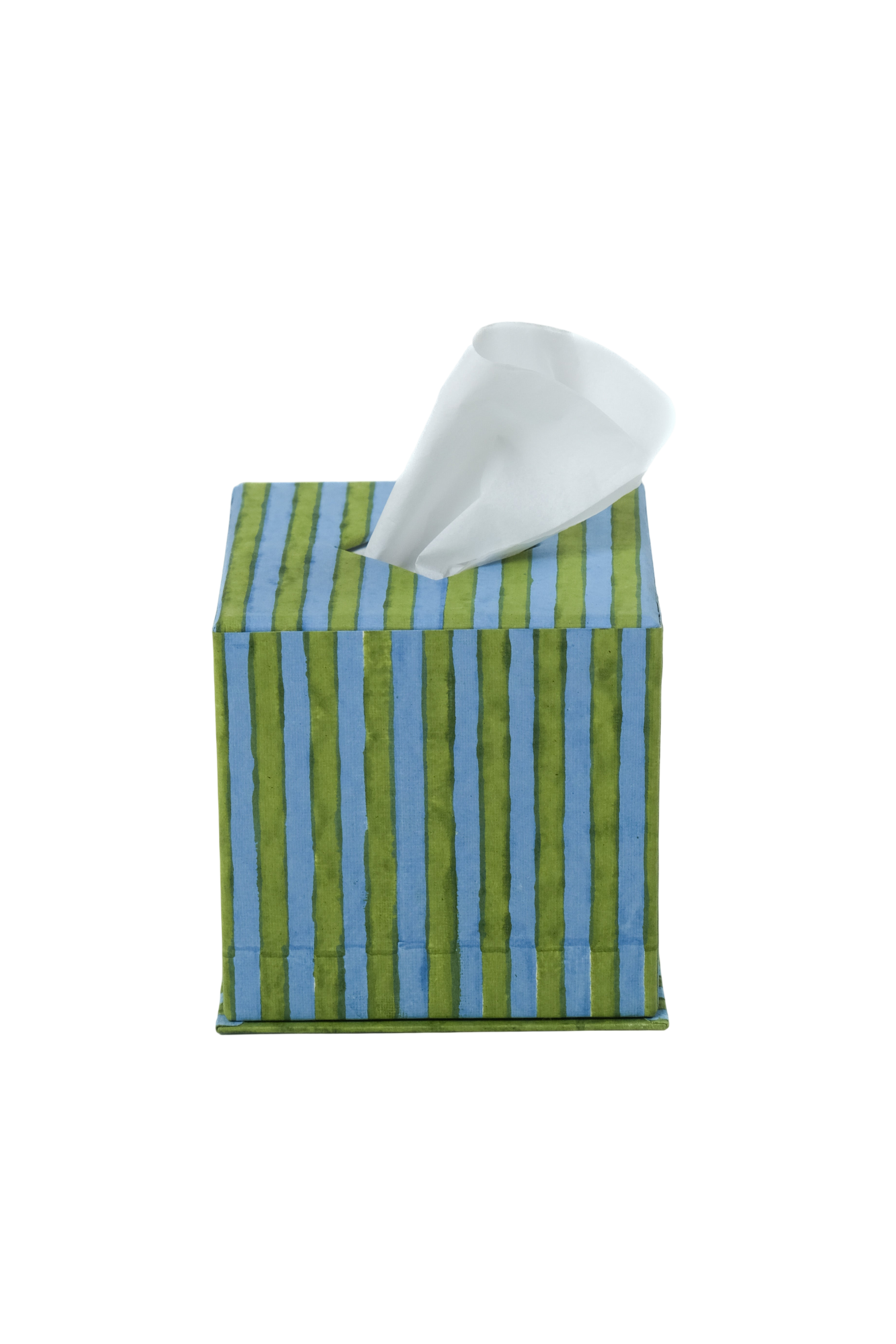 Blockprint Tissue Box Cover in Green and Blue Stripes