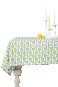 Forget-Me-Not Scallop Embroidered Blockprint Tablecloth