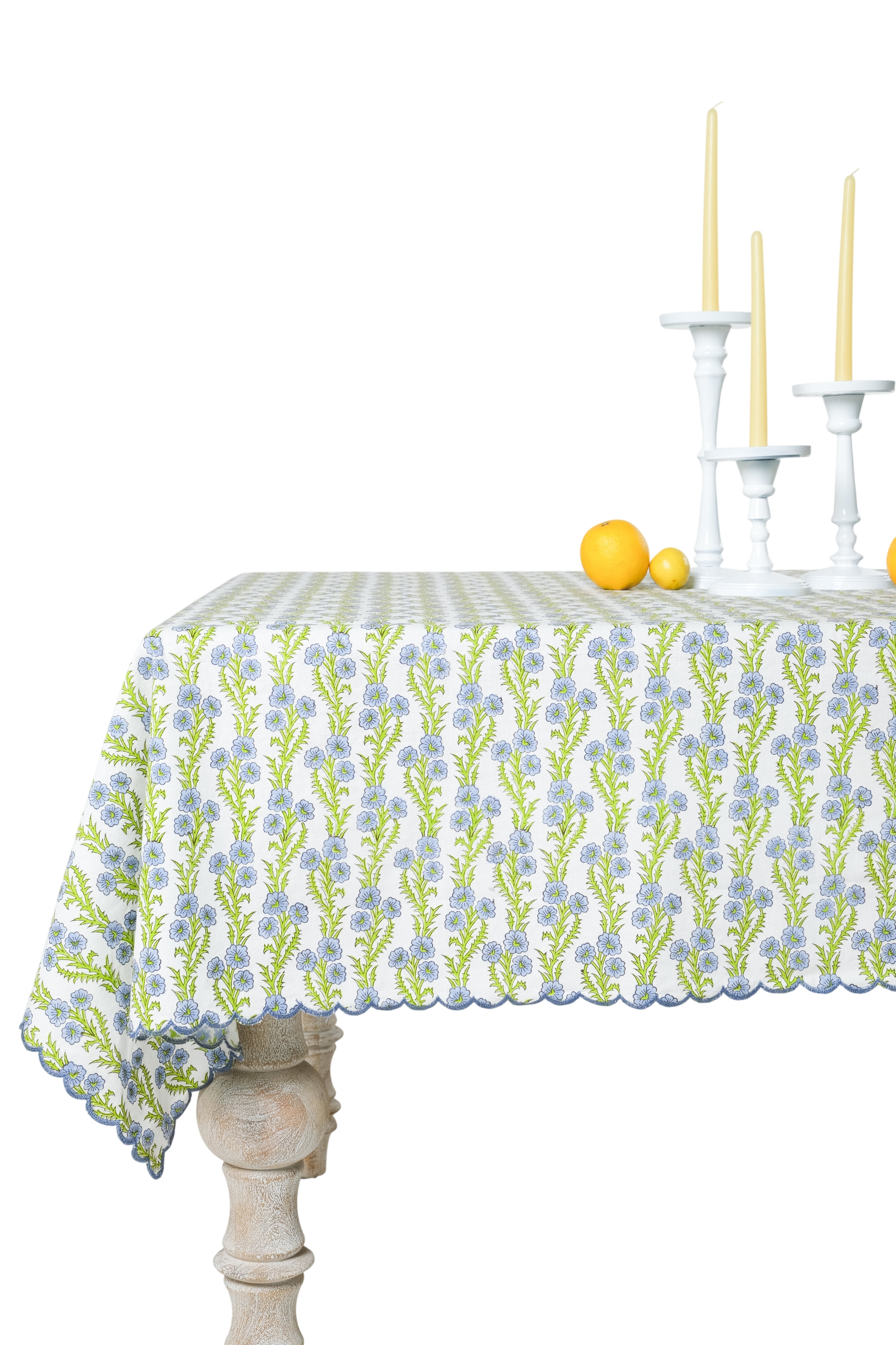 Forget-Me-Not Scallop Embroidered Blockprint Tablecloth