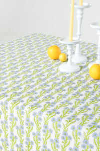 Forget-Me-Not Scallop Embroidered Blockprint Tablecloth