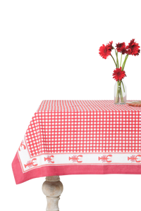 Lobster Red Gingham Blockprint Tablecloth