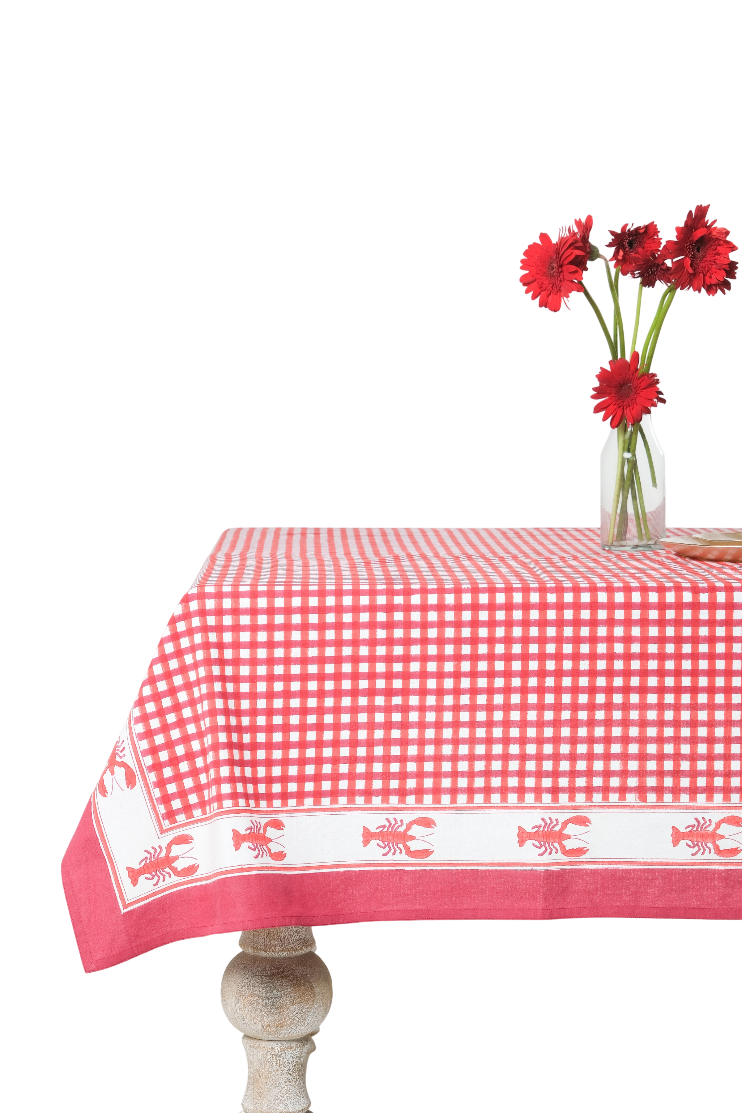 Lobster Red Gingham Blockprint Tablecloth