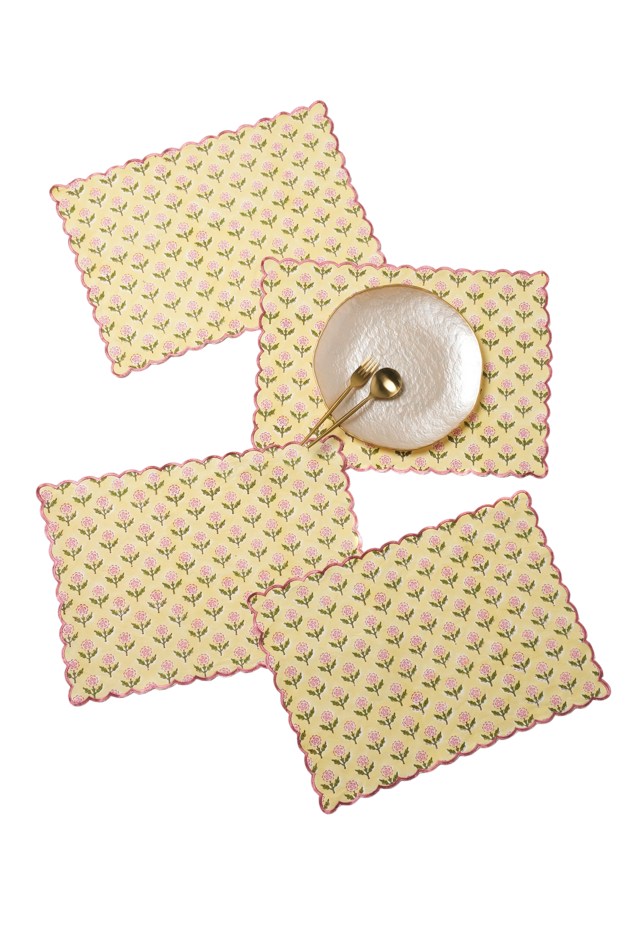 Mona Scallop Embroidered Blockprint Placemat in Butter Yellow