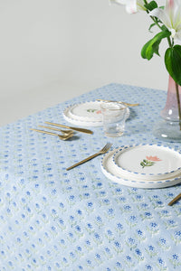 Mona Scallop Embroidered Blockprint Tablecloth in Blue