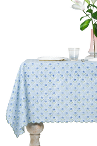 Mona Scallop Embroidered Blockprint Tablecloth in Blue
