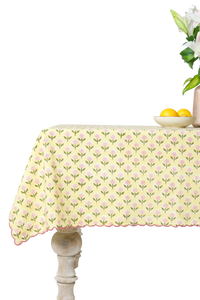 Mona Scallop Embroidered Blockprint Tablecloth in Butter Yellow