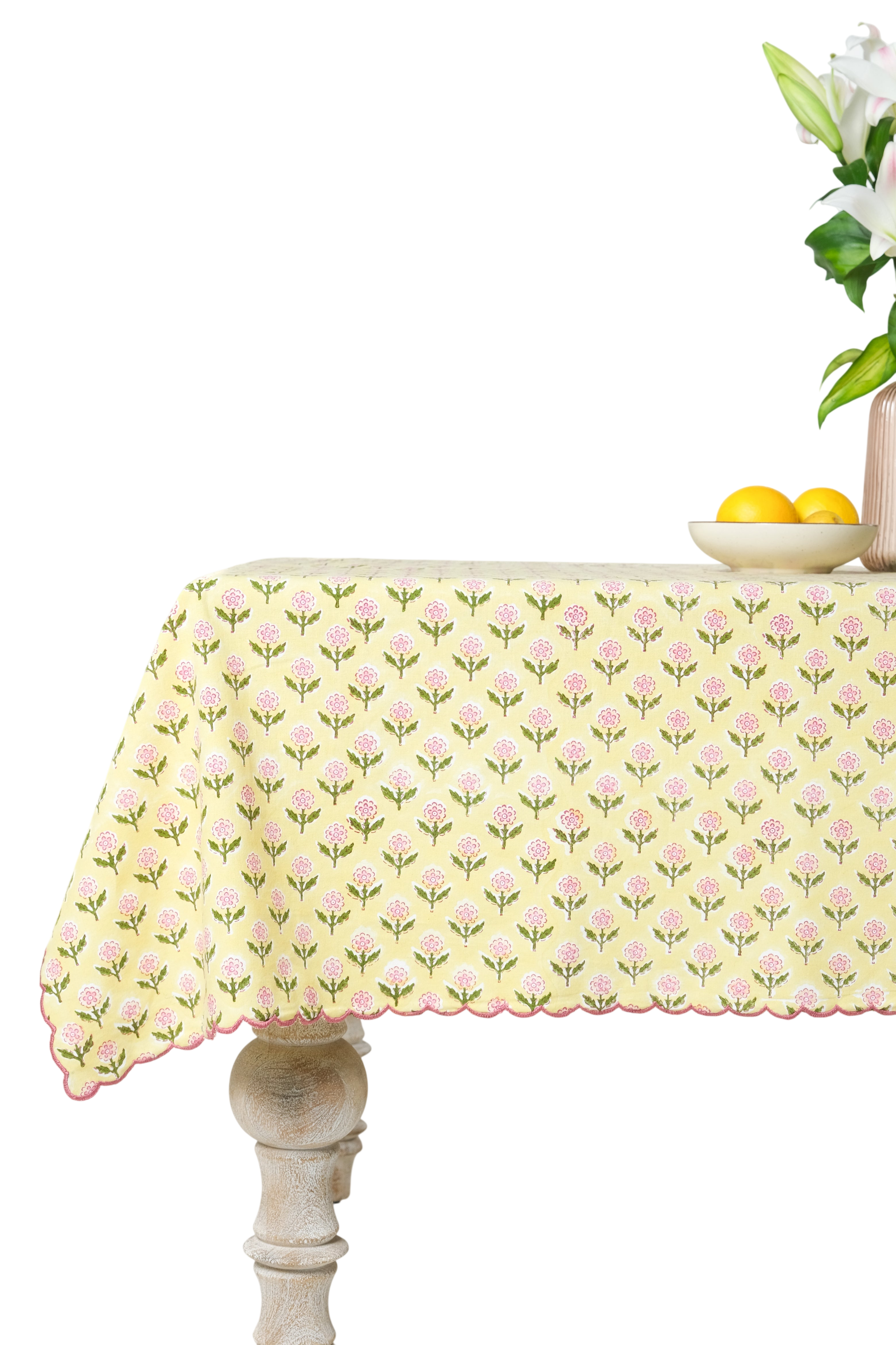 Mona Scallop Embroidered Blockprint Tablecloth in Butter Yellow