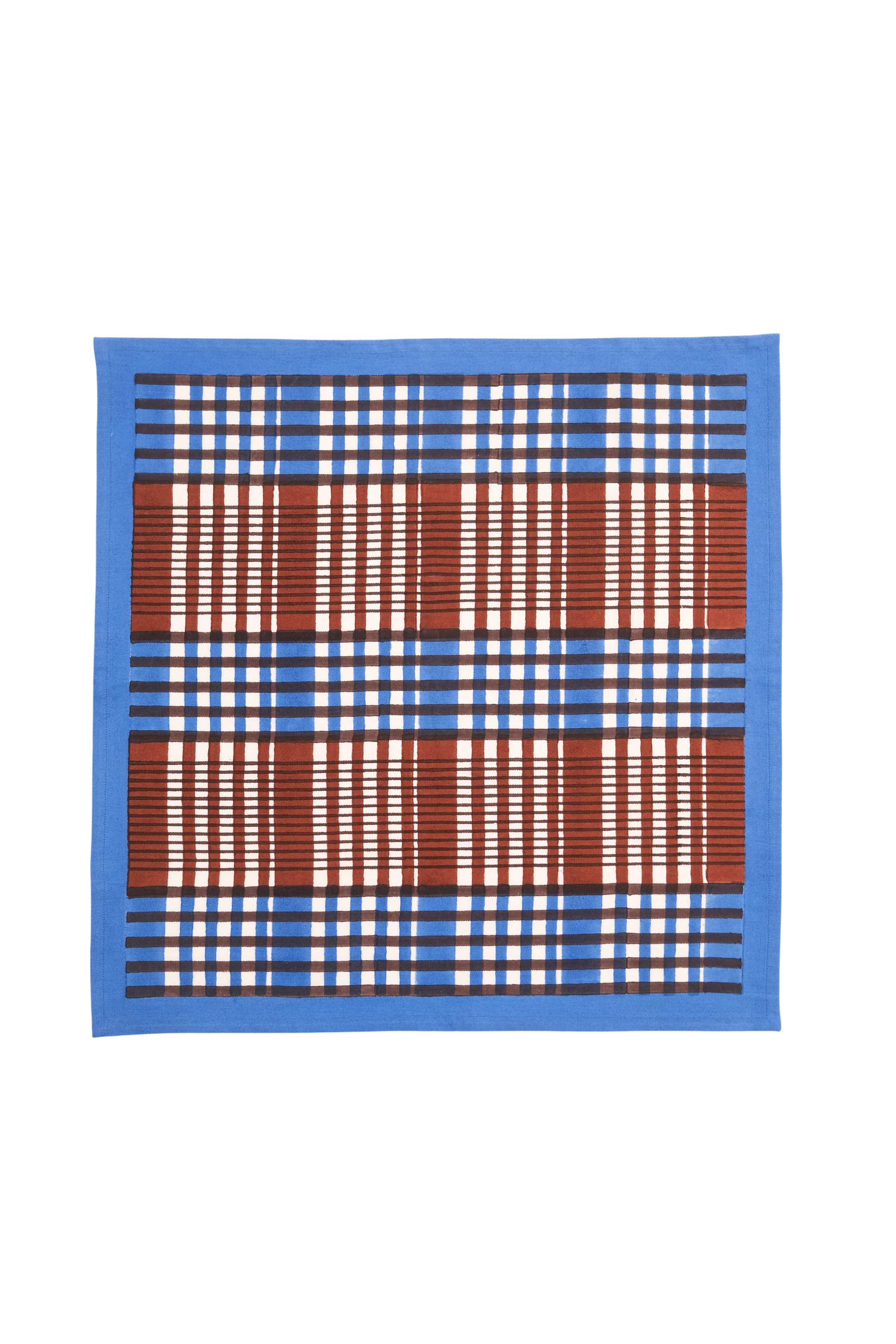 Shetland Plaid Blockprint Napkins in Brown and Blue, Set of 4