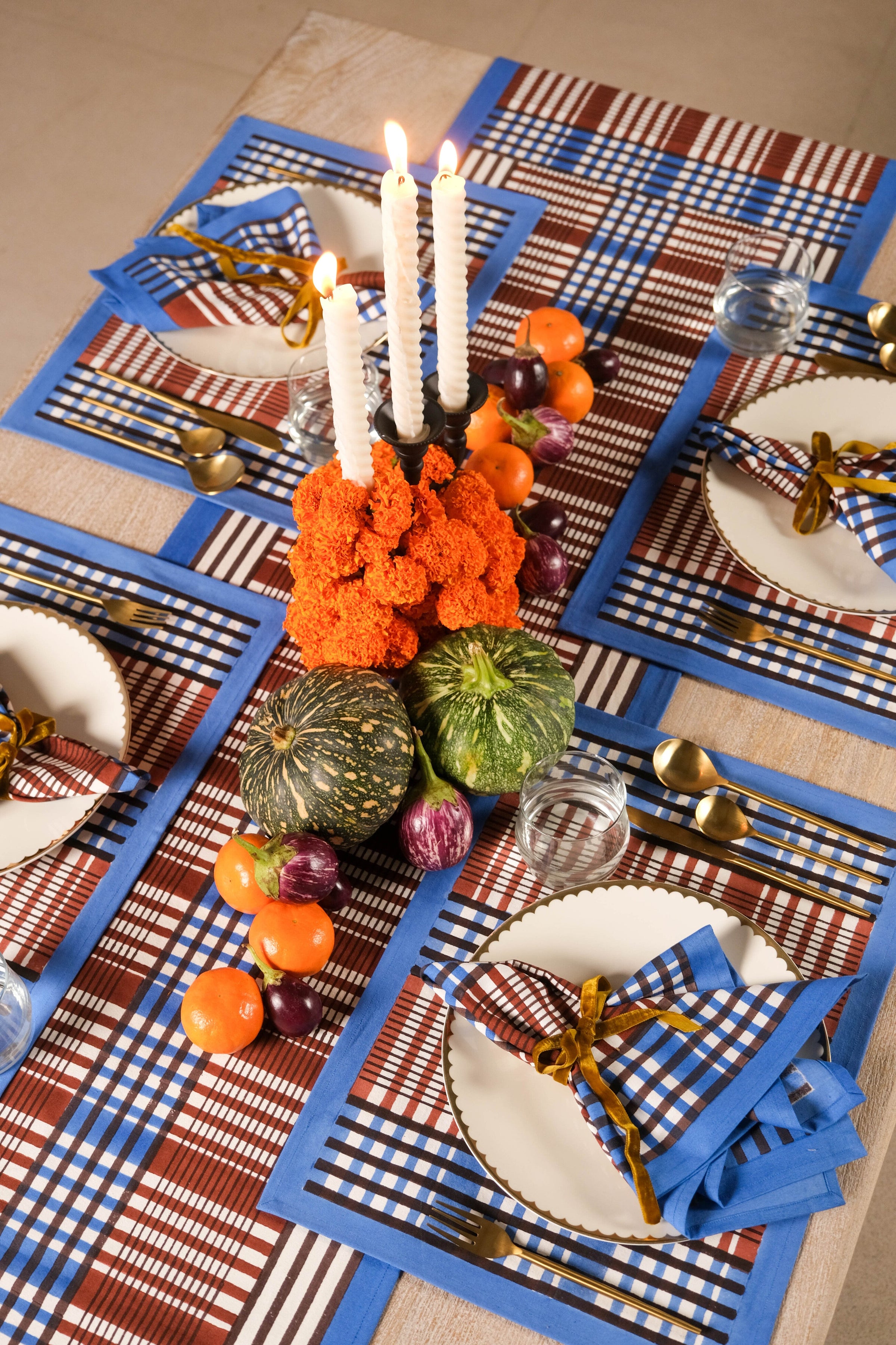 Shetland Plaid Blockprint Placemat in Brown and Blue