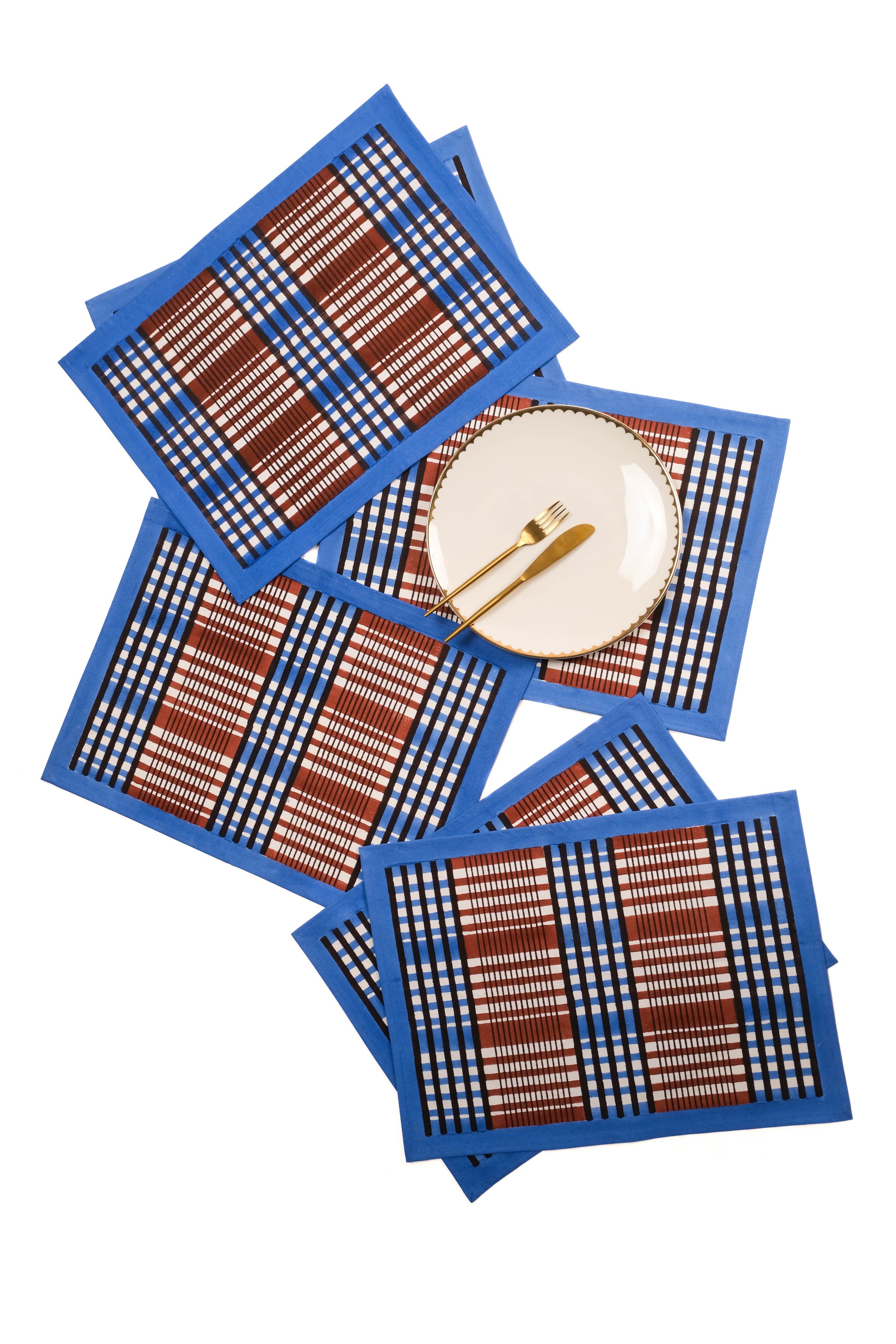 Shetland Plaid Blockprint Placemat in Brown and Blue