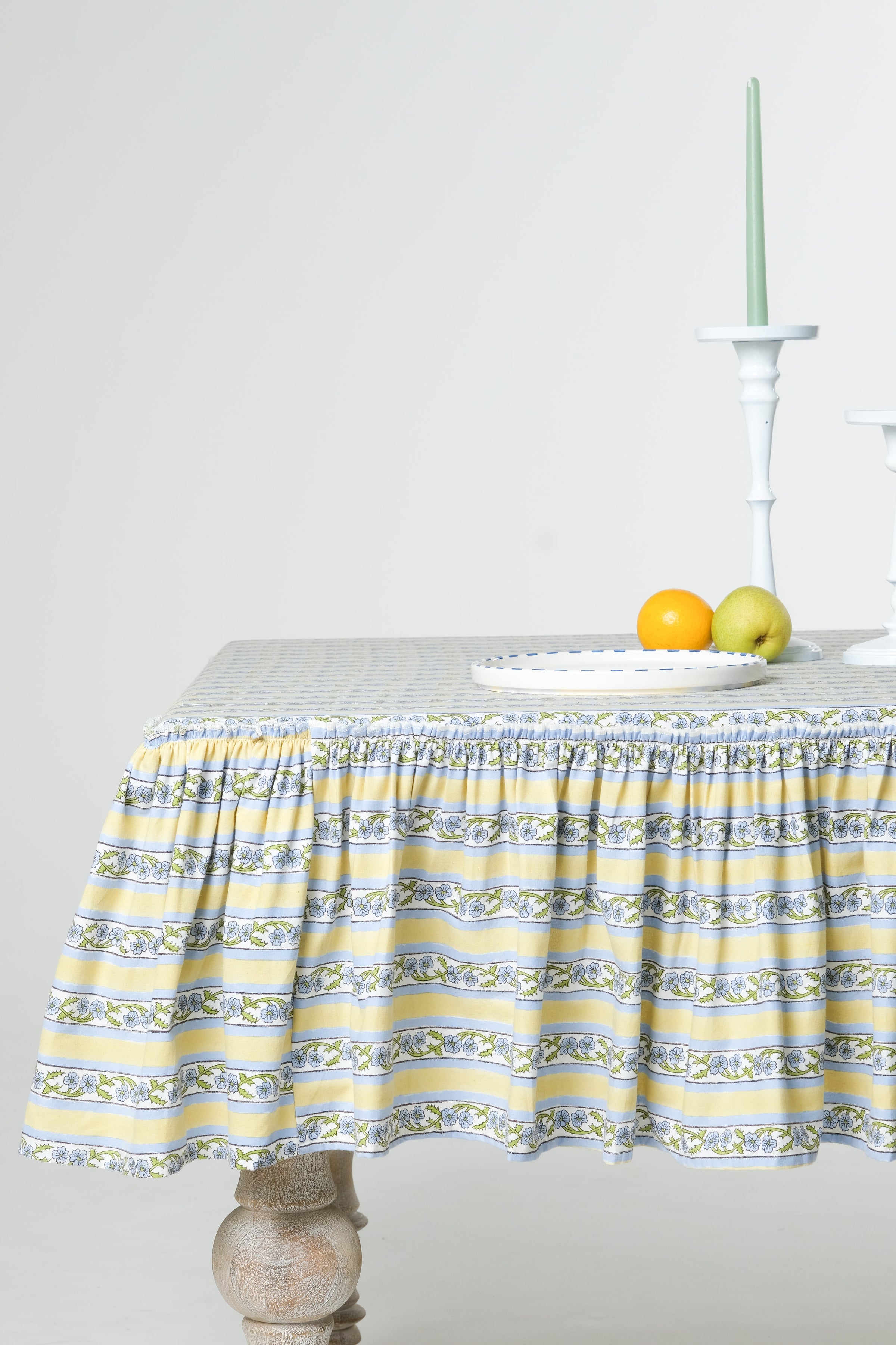 Provence Ruffled Blockprint Tablecloth in Butter Yellow