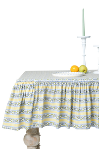 Provence Ruffled Blockprint Tablecloth in Butter Yellow