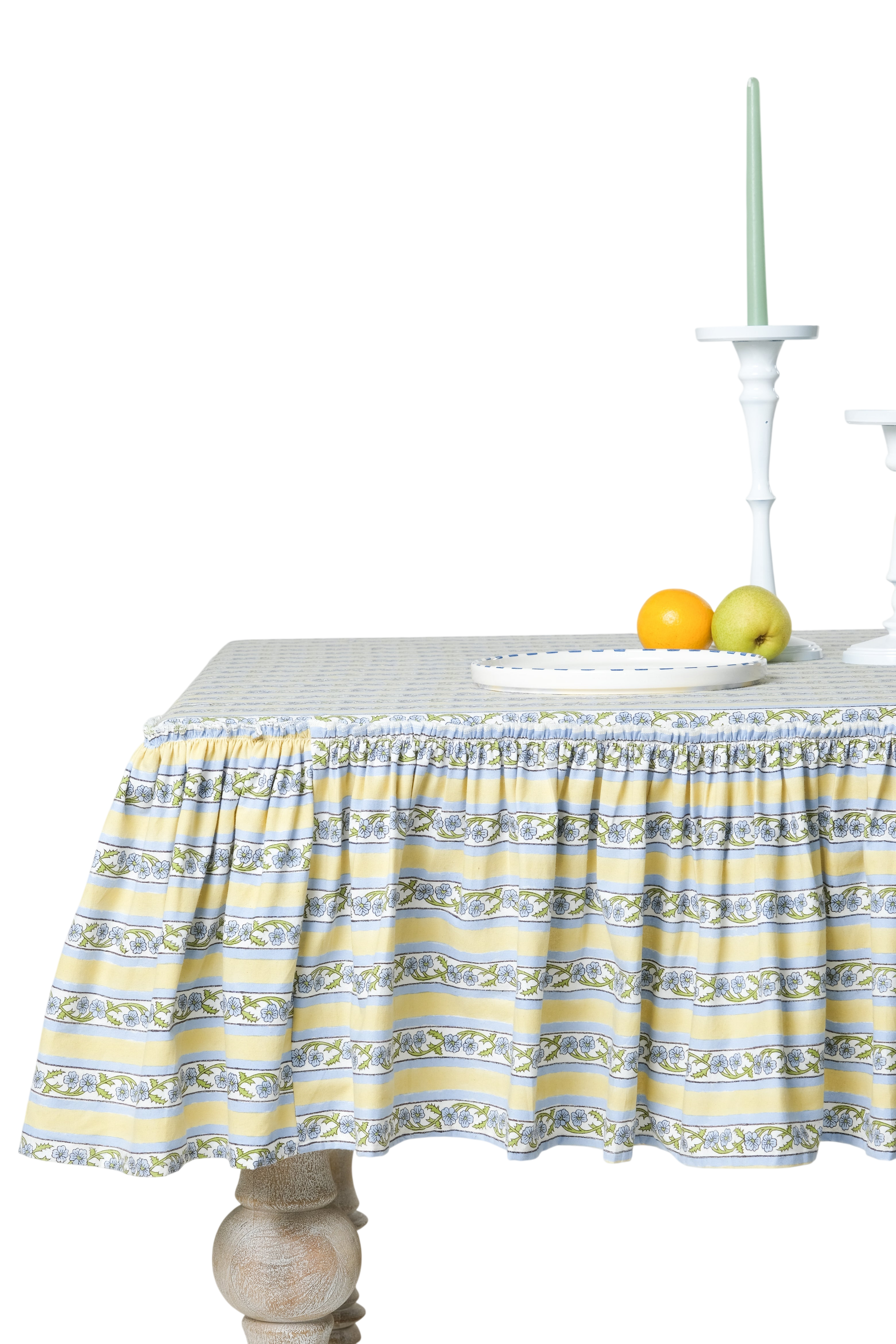 Provence Ruffled Blockprint Tablecloth in Butter Yellow