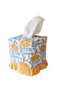 Ruffled Tissue Box Cover in Araminta Yellow Blockprint