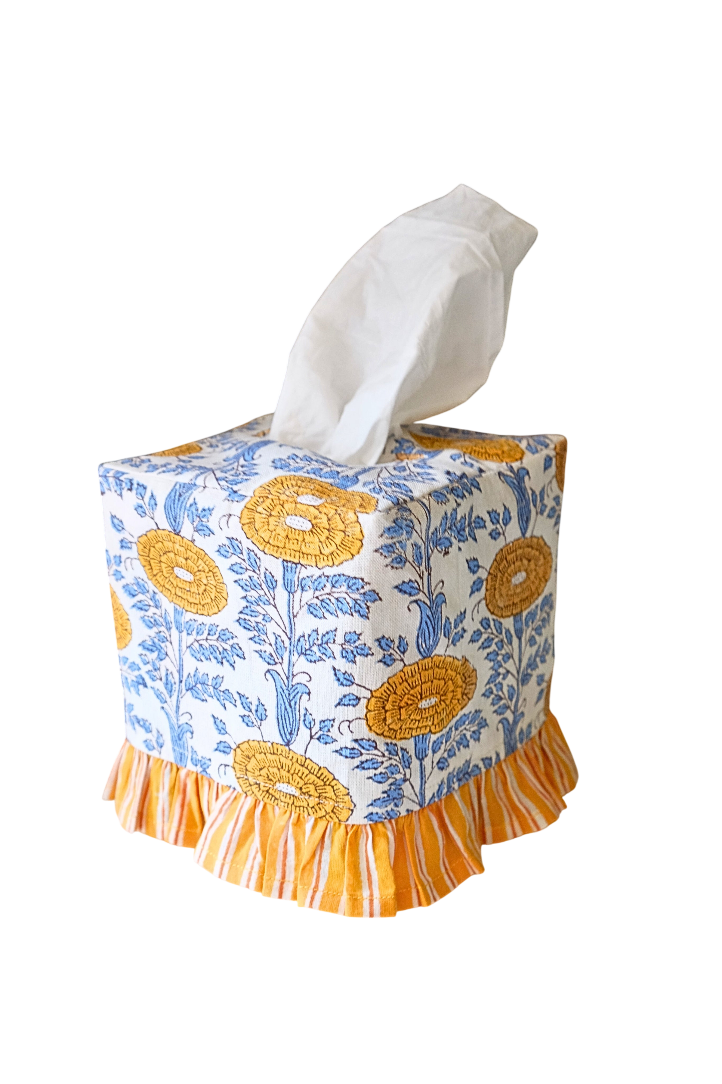 Ruffled Tissue Box Cover in Araminta Yellow Blockprint