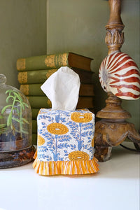 Ruffled Tissue Box Cover in Araminta Yellow Blockprint