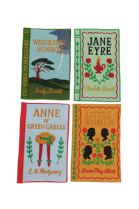 Literary Heroines Books Embroidered Cocktail Napkins, Set of 4