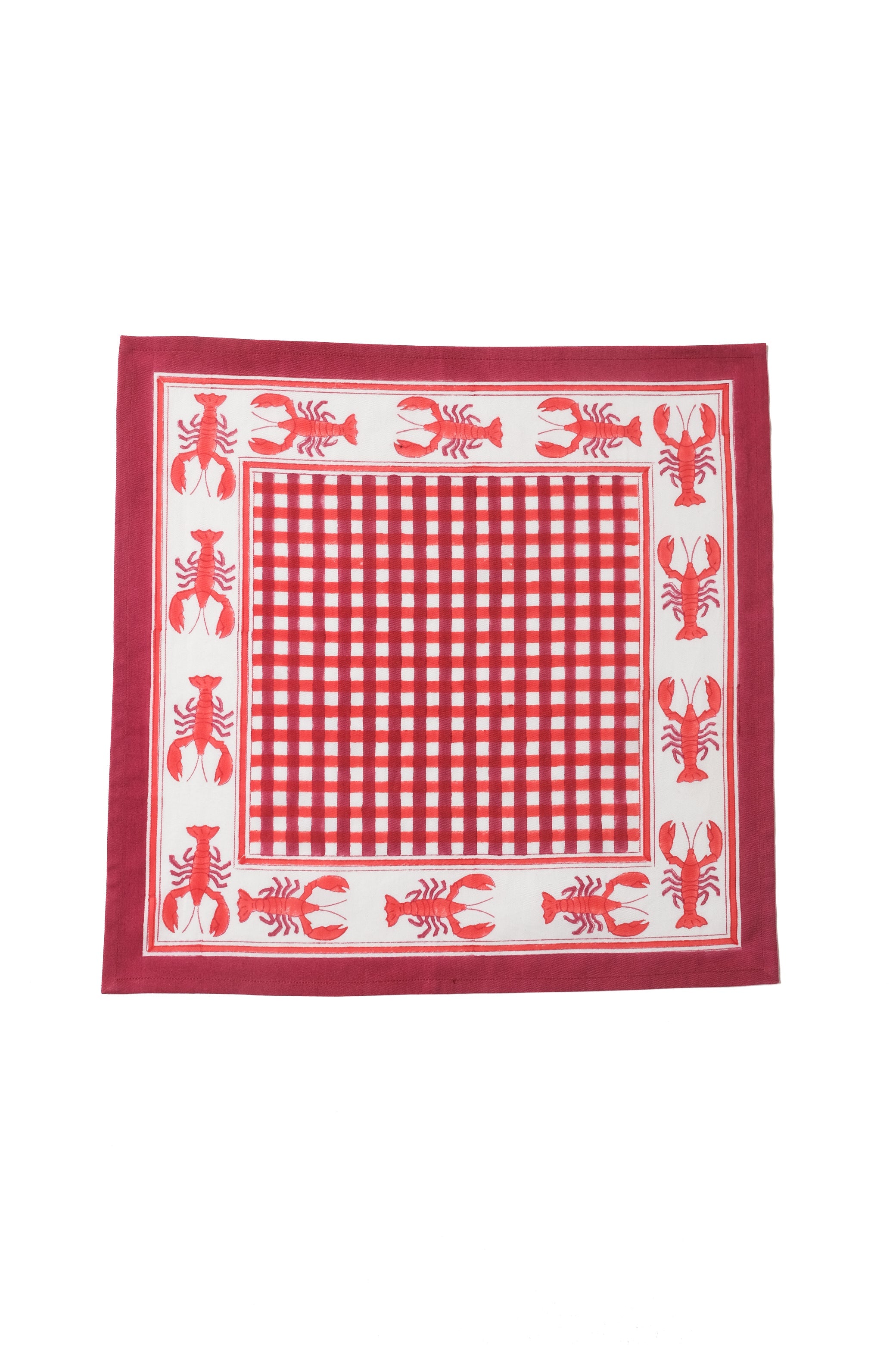 Lobster Red Gingham Blockprint Napkins, Set of 4