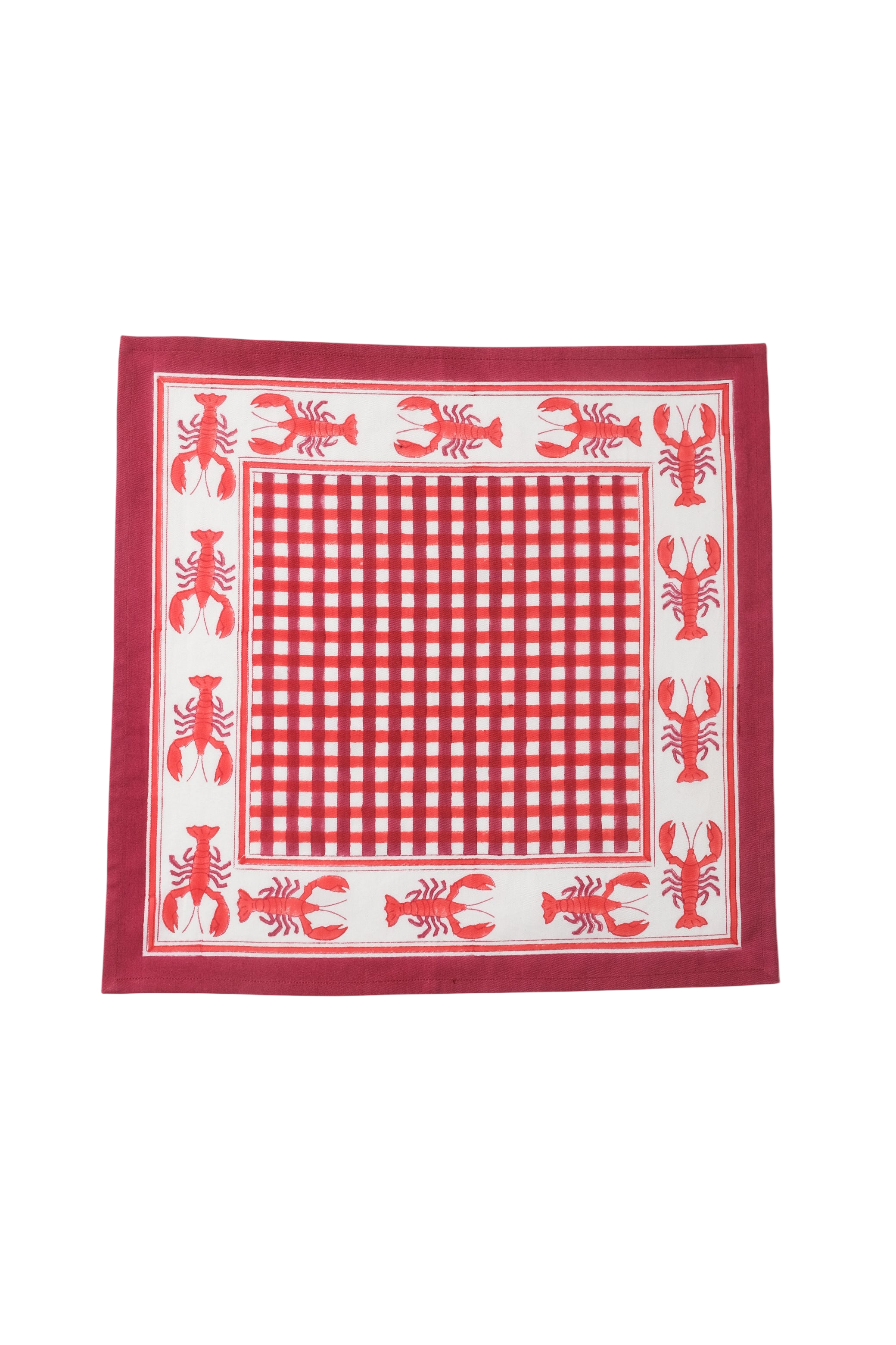 Lobster Red Gingham Blockprint Napkins, Set of 4