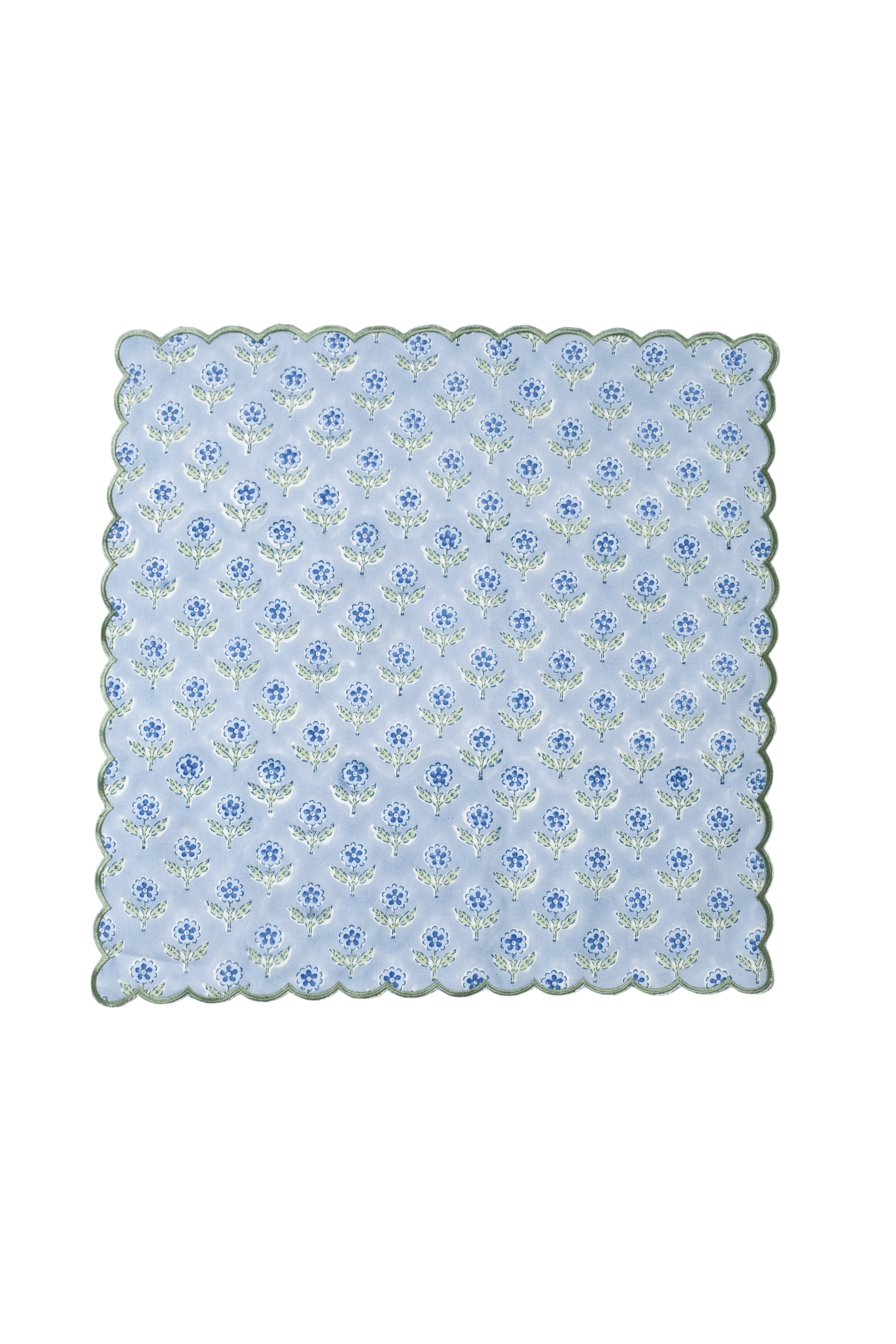 Mona Scallop Embroidered Blockprint Napkins in Blue, Set of 4