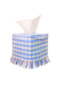Ruffled Tissue Box Cover in Blue Gingham Blockprint
