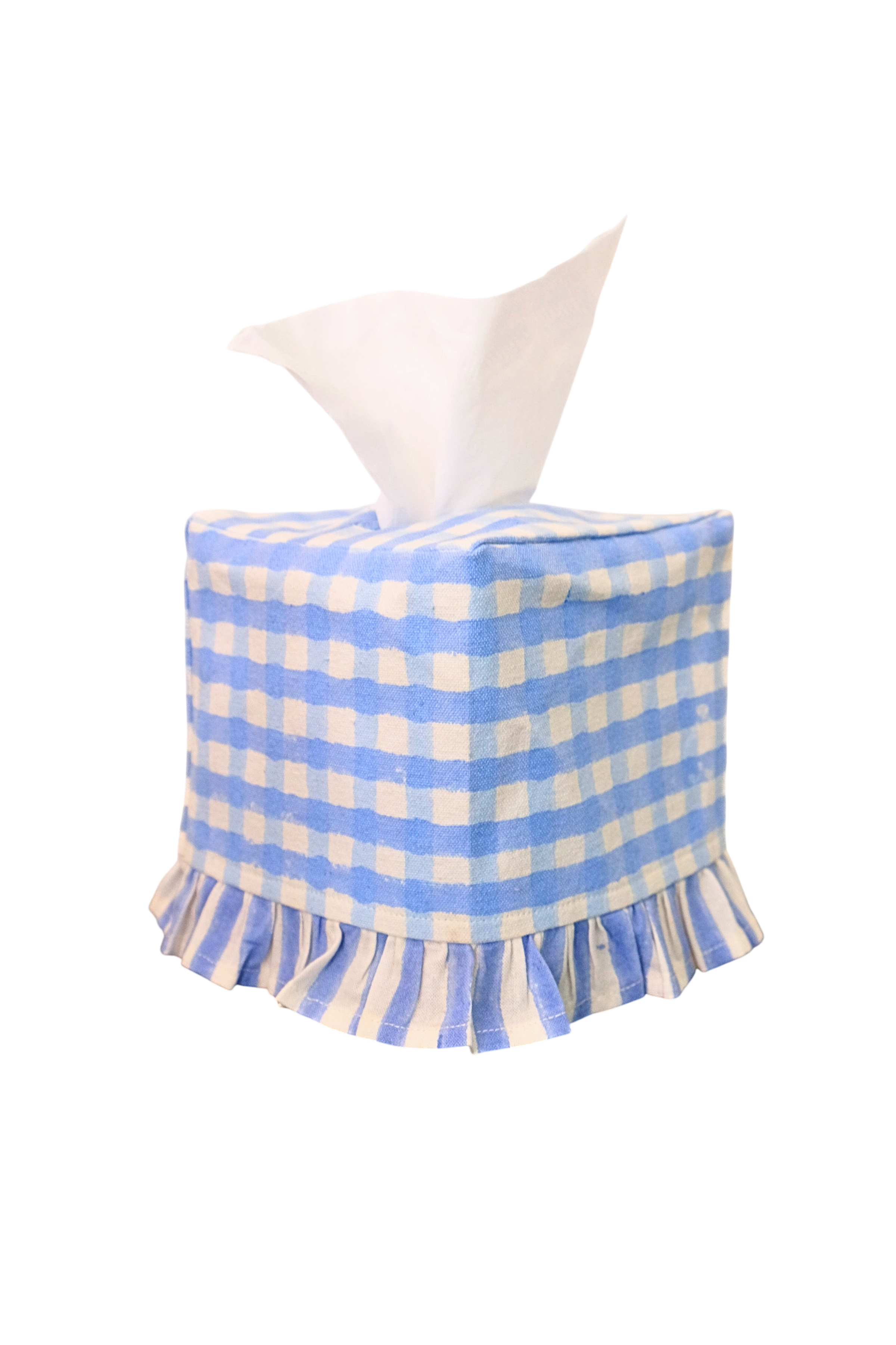 Ruffled Tissue Box Cover in Blue Gingham Blockprint