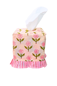 Ruffled Tissue Box Cover in Mona Pink Blockprint