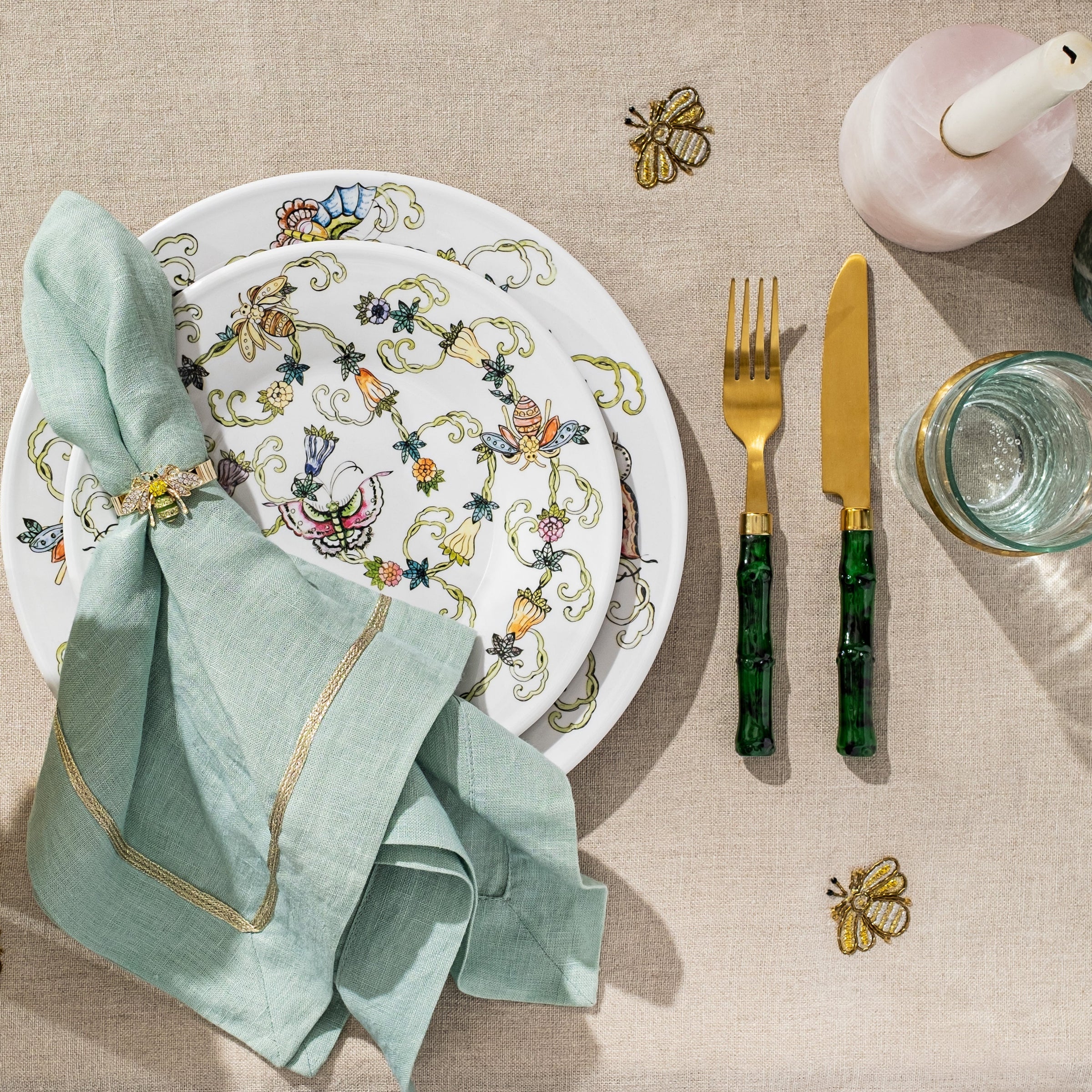 Skinny Stripey Bee Napkin Rings - Green (Set of 4)