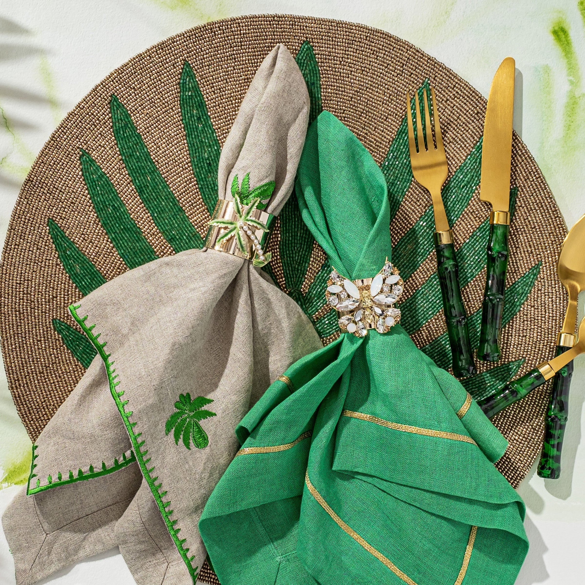 Gold Trim Linen Dinner Napkin - Grass Green (Set of 2)