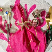 Gold Trim Linen Dinner Napkins - Bright Pink (Set of 2)