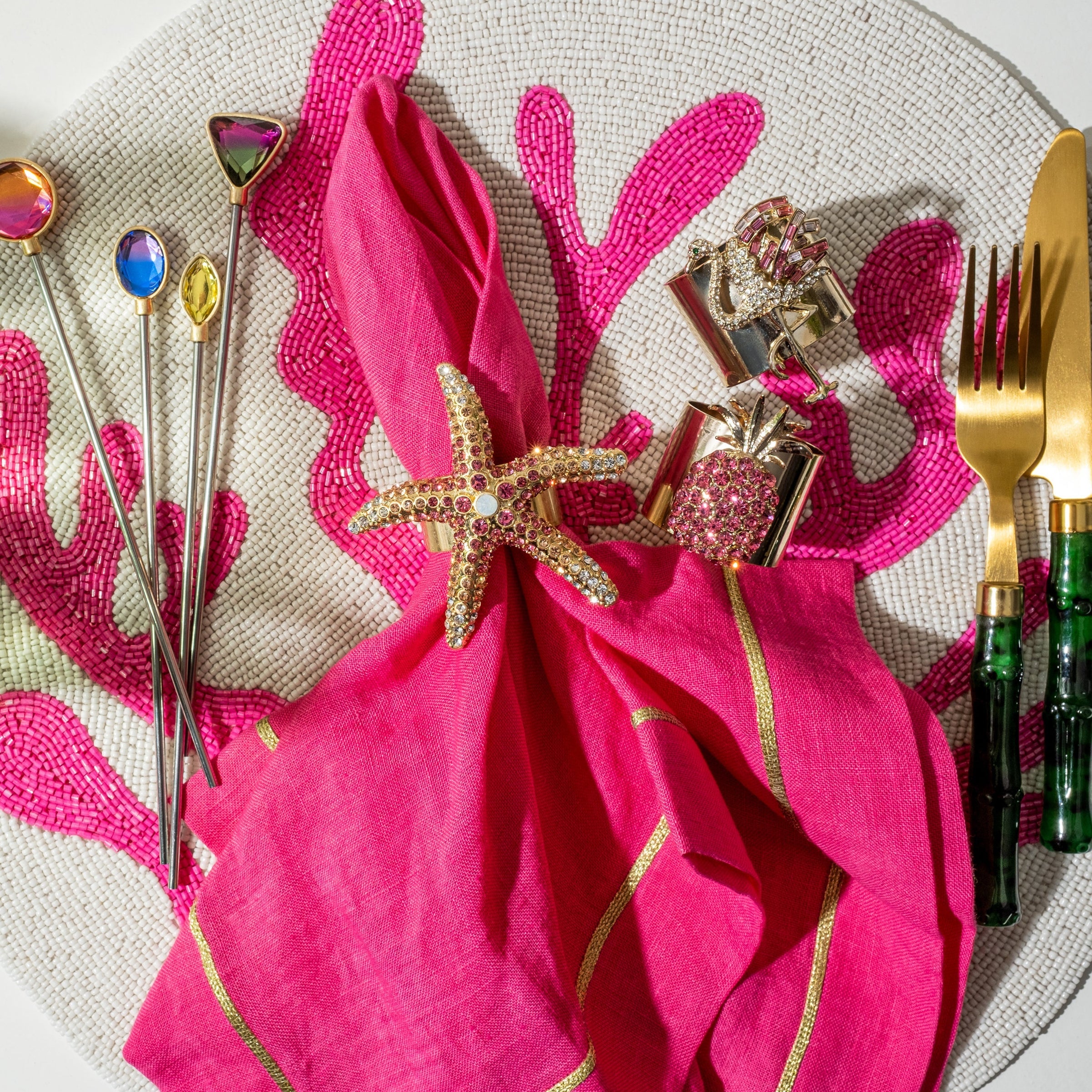 Gold Trim Linen Dinner Napkins - Bright Pink (Set of 2)