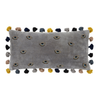 Embroidered Evil Eye Pillow - Grey Cotton Velvet