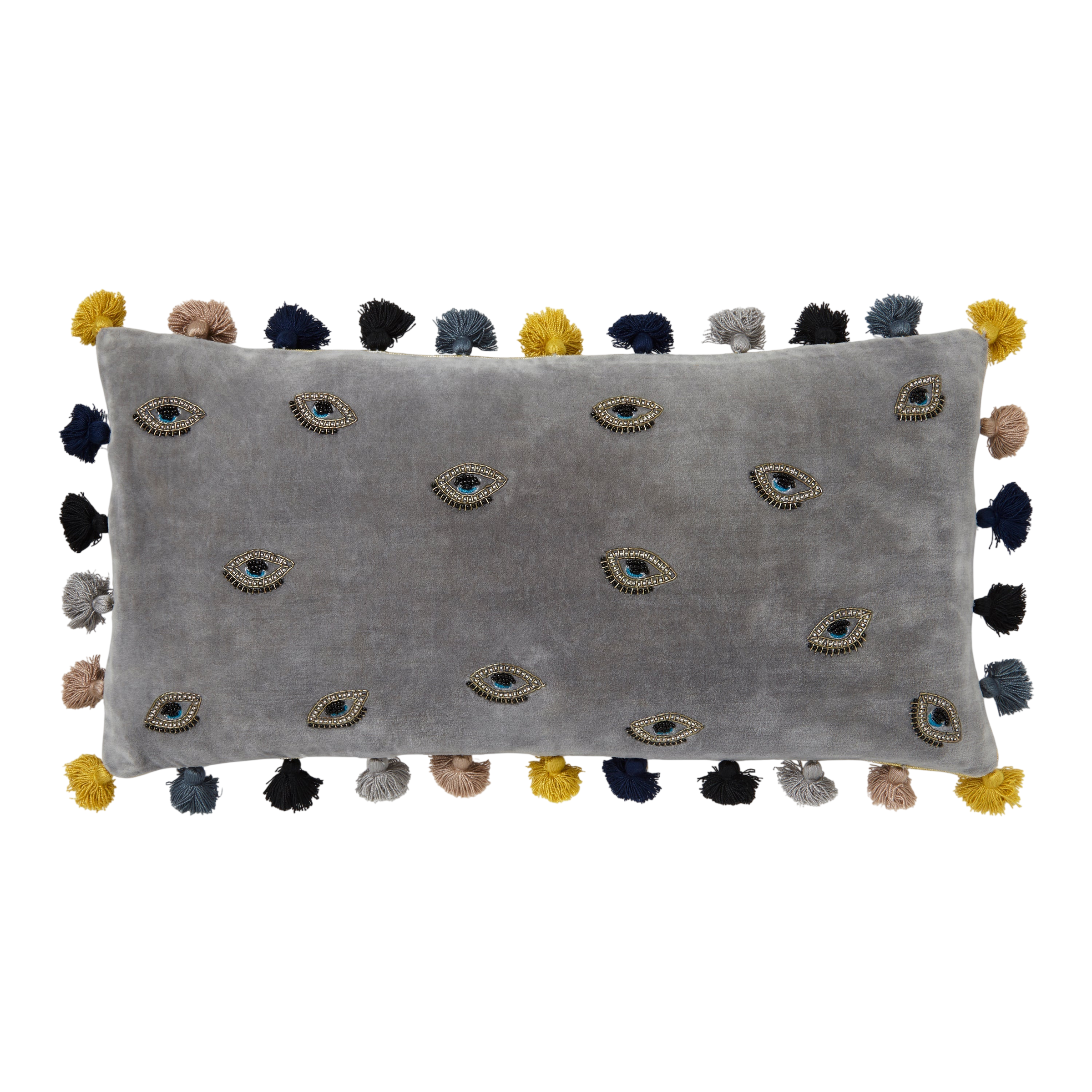 Embroidered Evil Eye Pillow - Grey Cotton Velvet