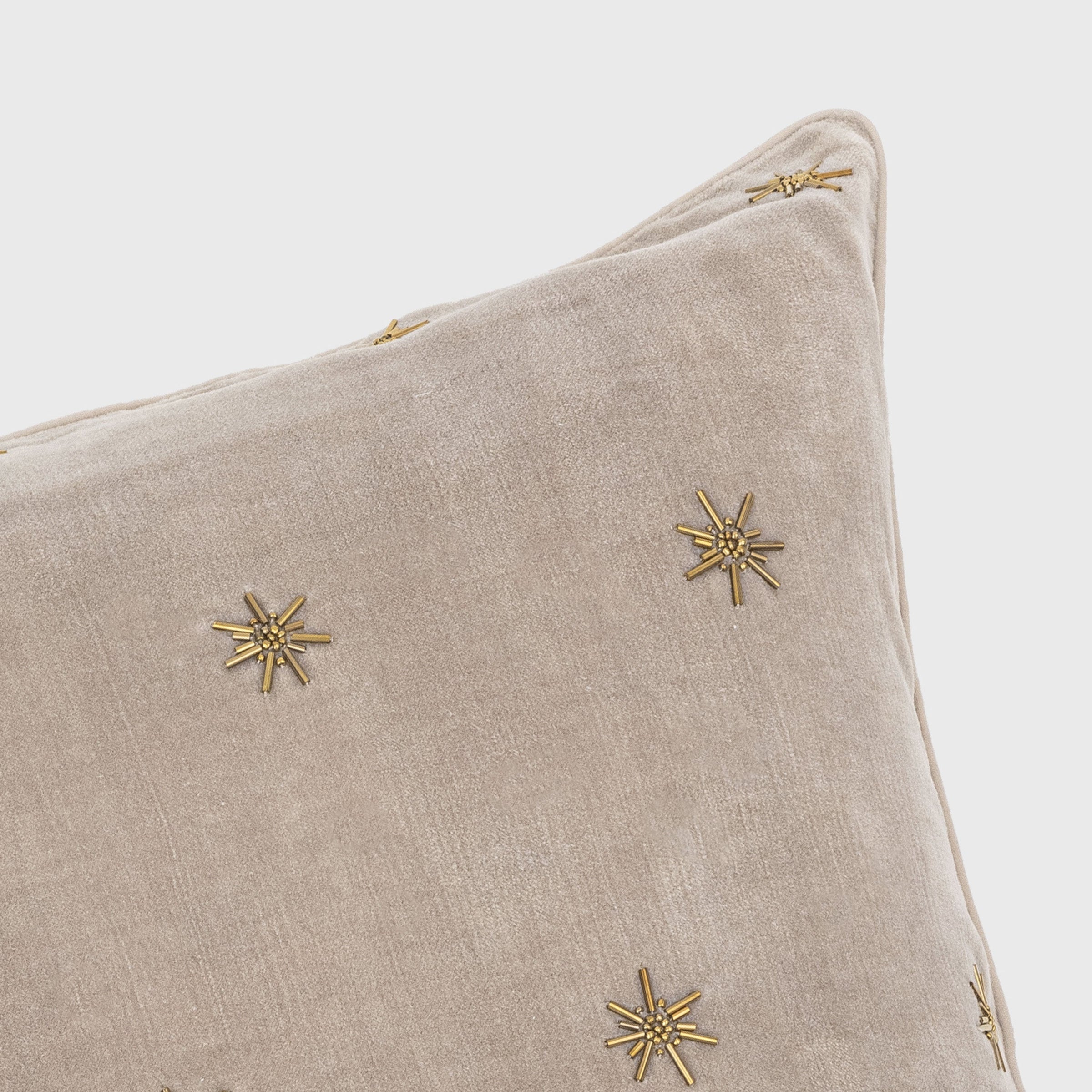 Embroidered Star Pillow - Taupe Cotton Velvet