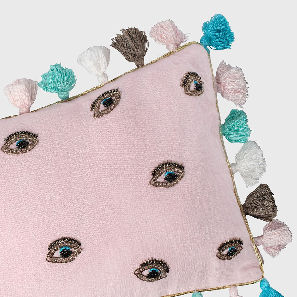 Embroidered Evil Eye Pillow - Pink Linen Velvet