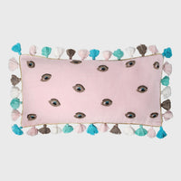 Embroidered Evil Eye Pillow - Pink Linen Velvet