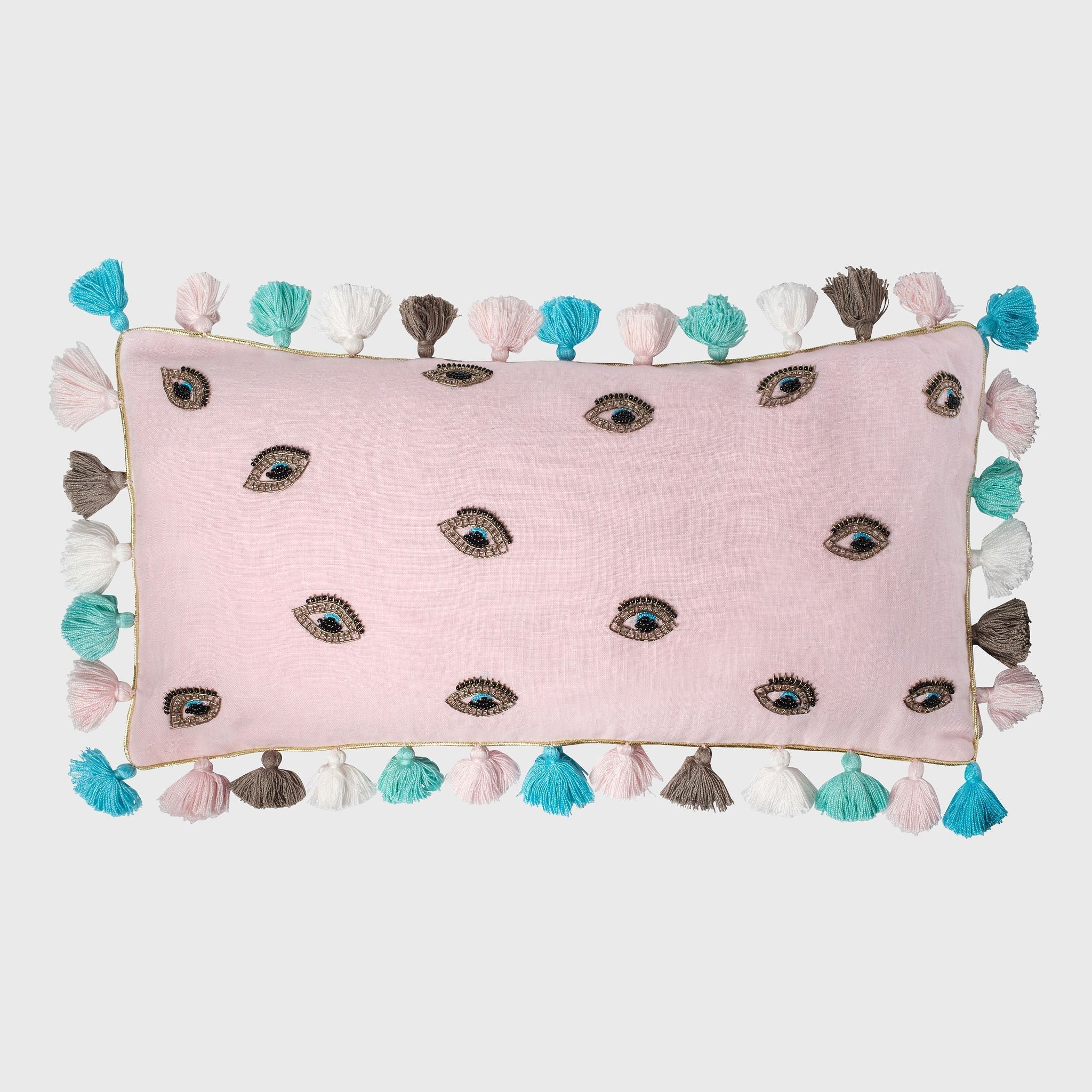 Embroidered Evil Eye Pillow - Pink Linen Velvet
