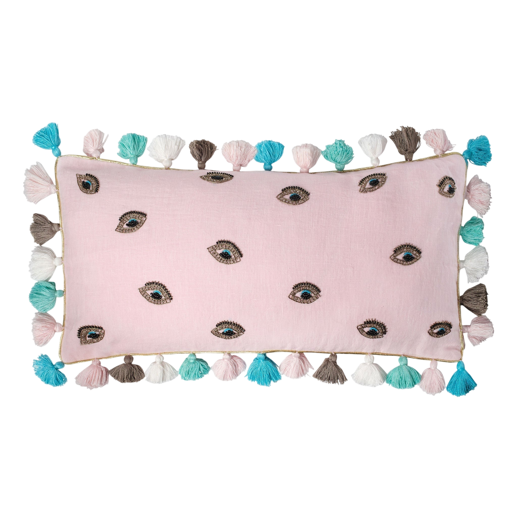 Embroidered Evil Eye Pillow - Pink Linen Velvet