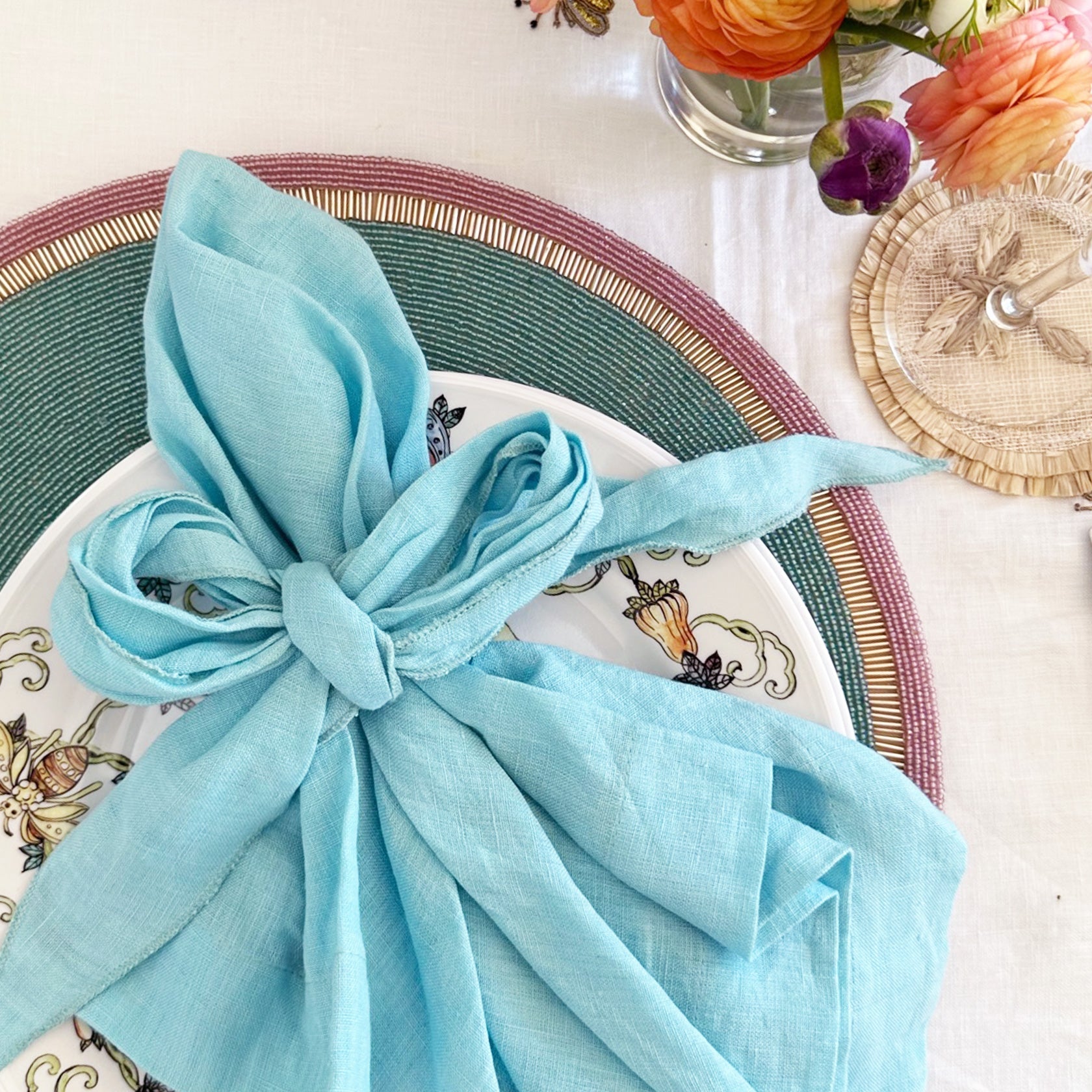 Bow Linen Napkin - Aqua (Set of 2)
