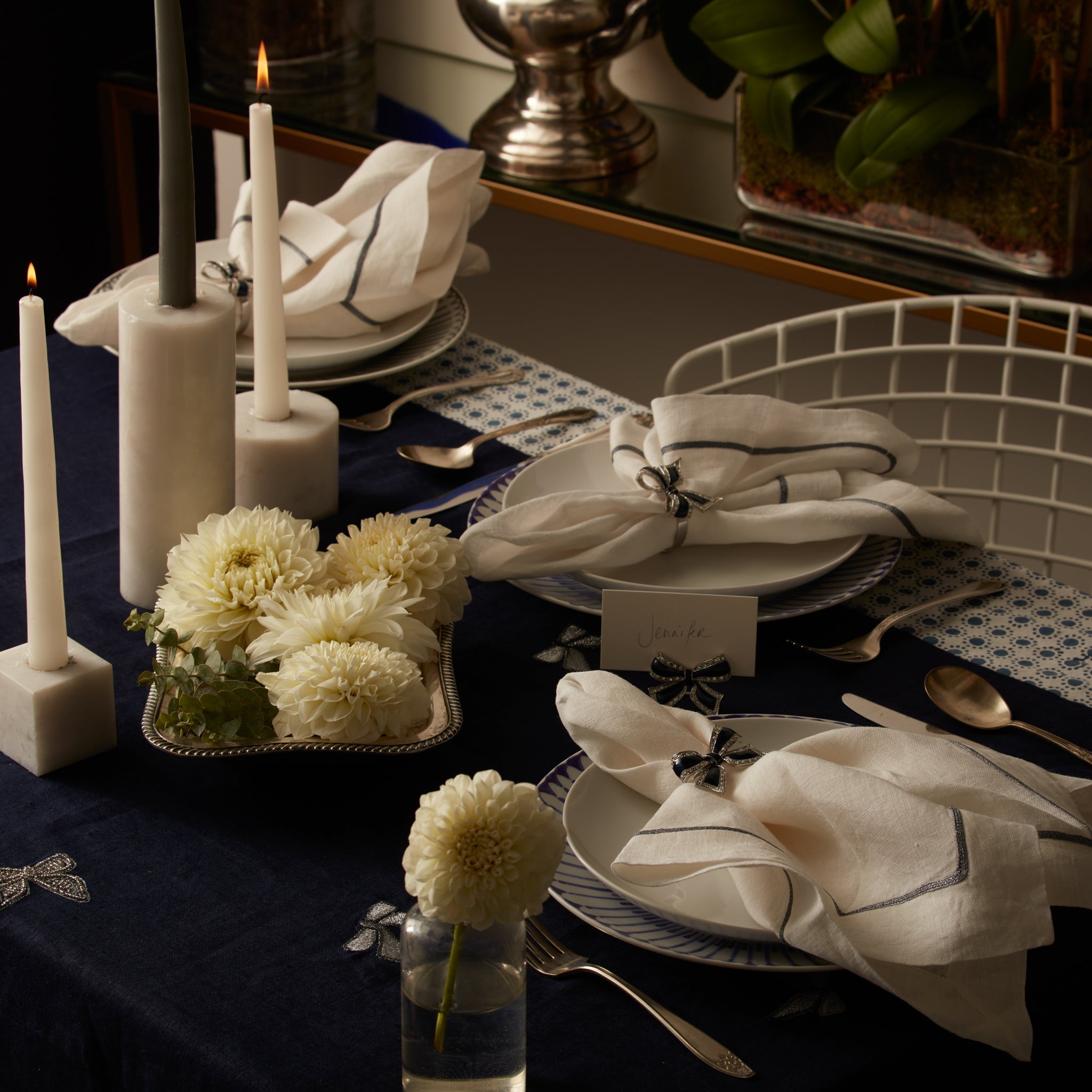 Enamel Bow Skinny Napkin Rings - Navy (Set of 4)