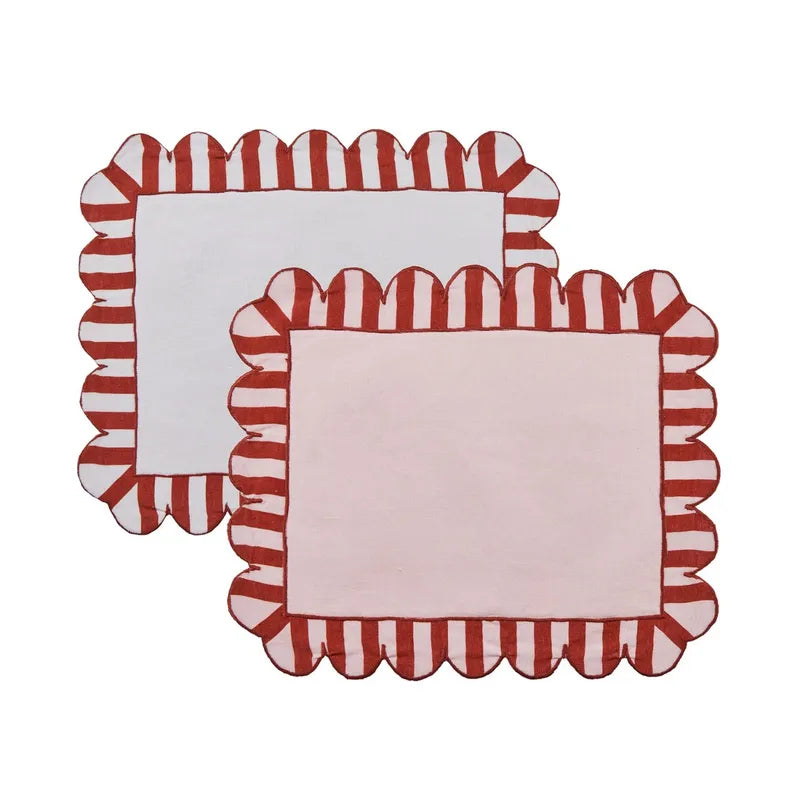 Jardin Embroidered Linen Scalloped Stripe Double-Sided Placemats (Set of 4)