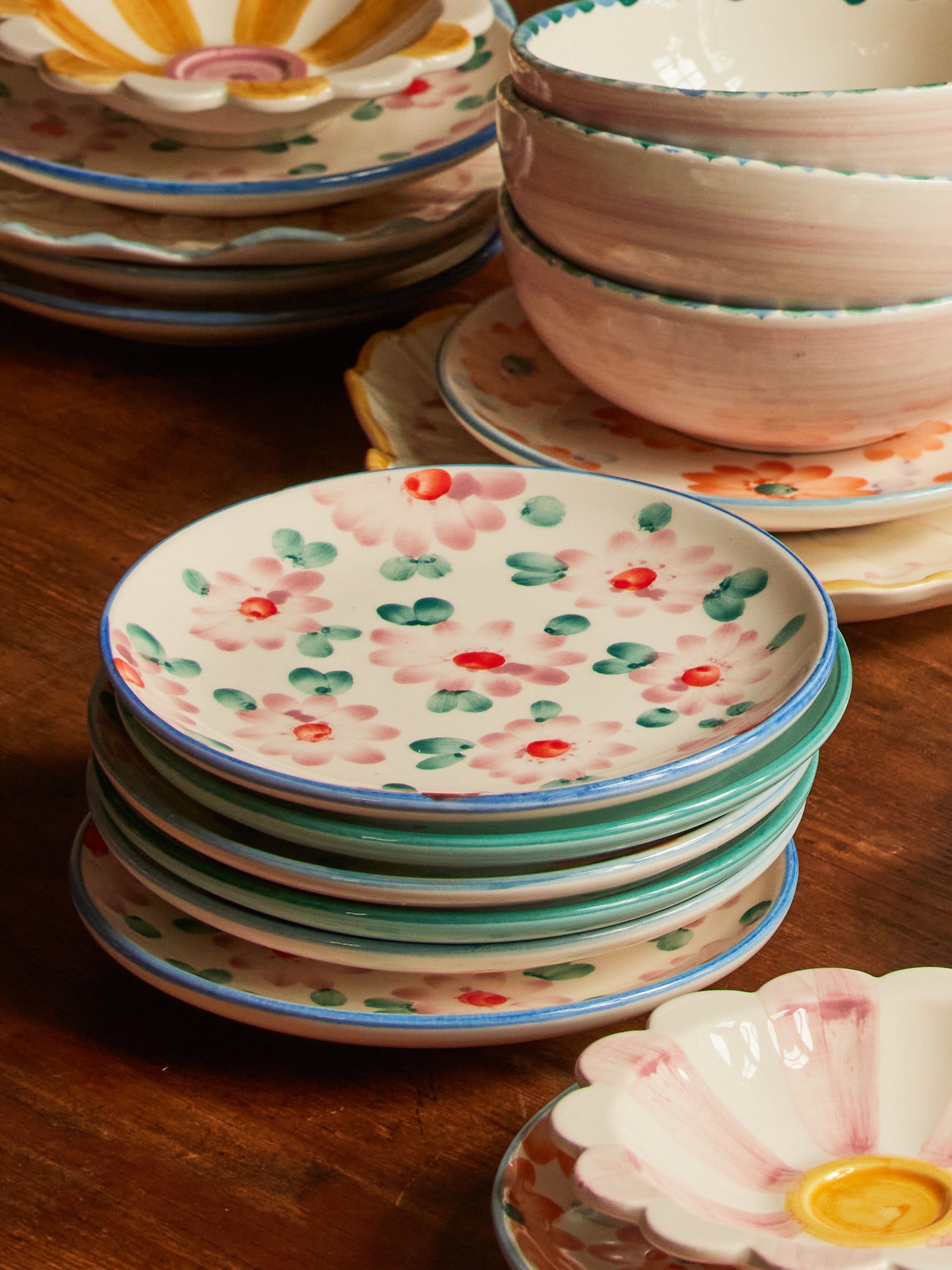 Ceramic Cake Plate with Hand Painted Pink Flowers