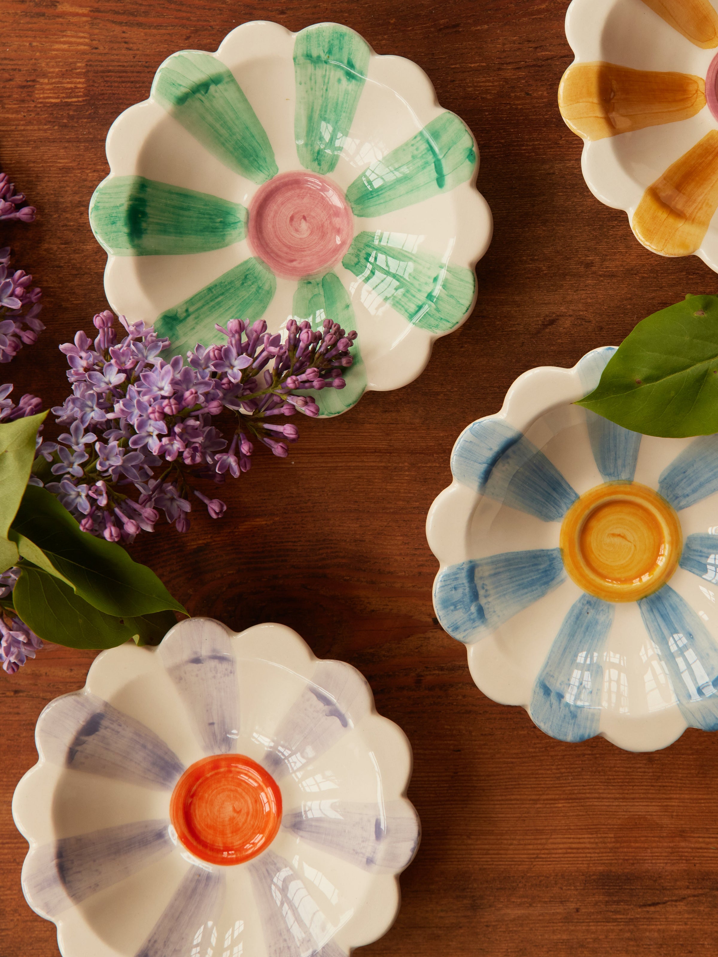 Ceramic Flower Dipping Bowl with Soft Green Hand Painted Stripes