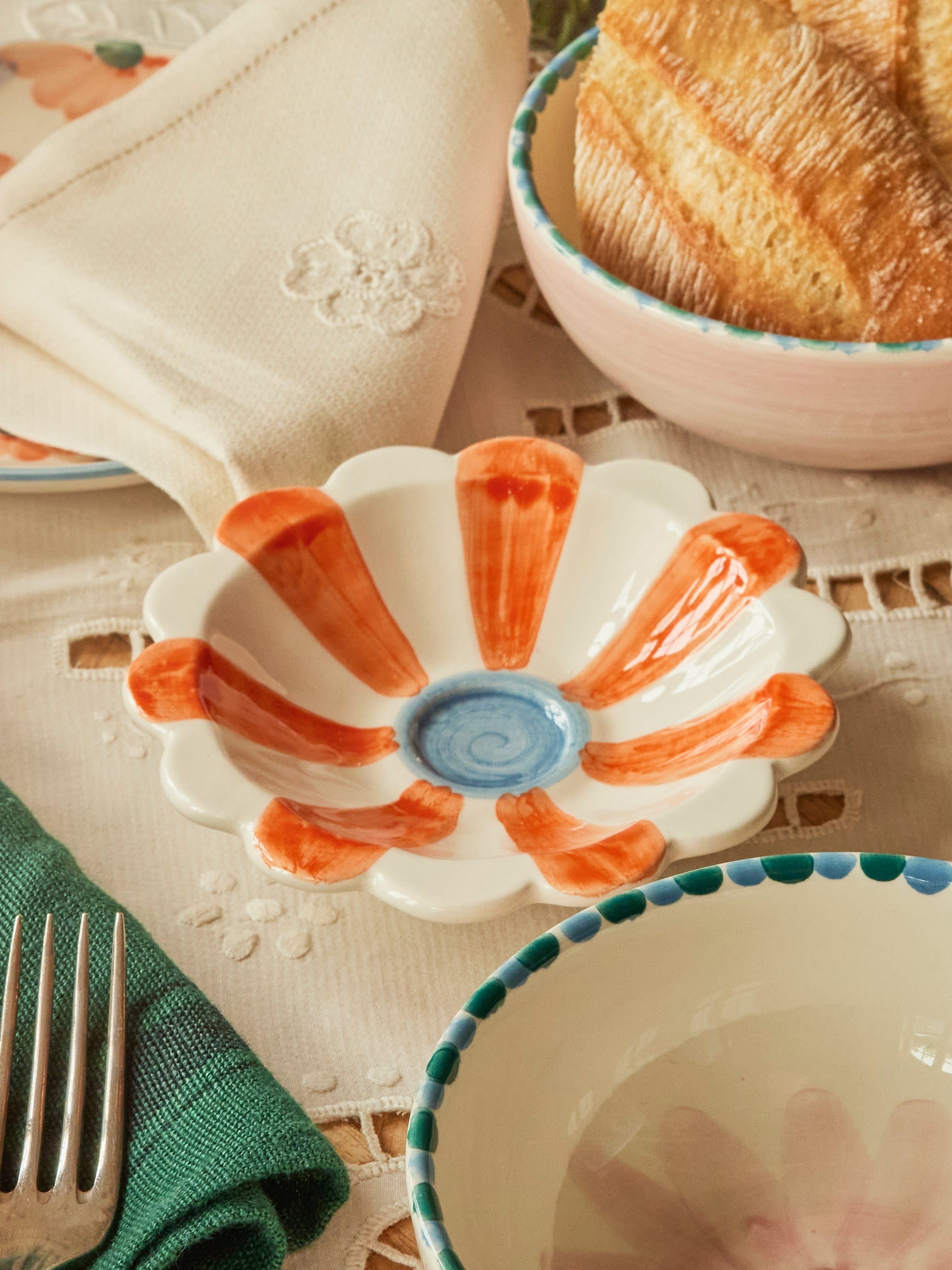 Ceramic Flower Dipping Bowl with Orange Hand Painted Stripes